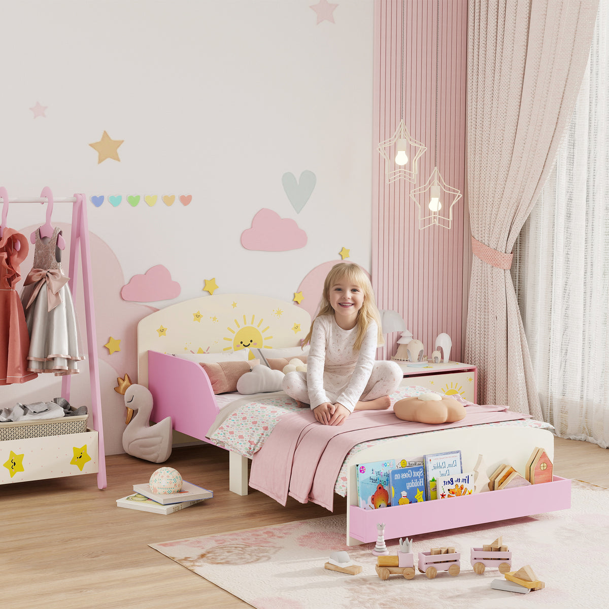Toddler Bed, Sun-themed Kids Bed Frame With Storage | Pink
