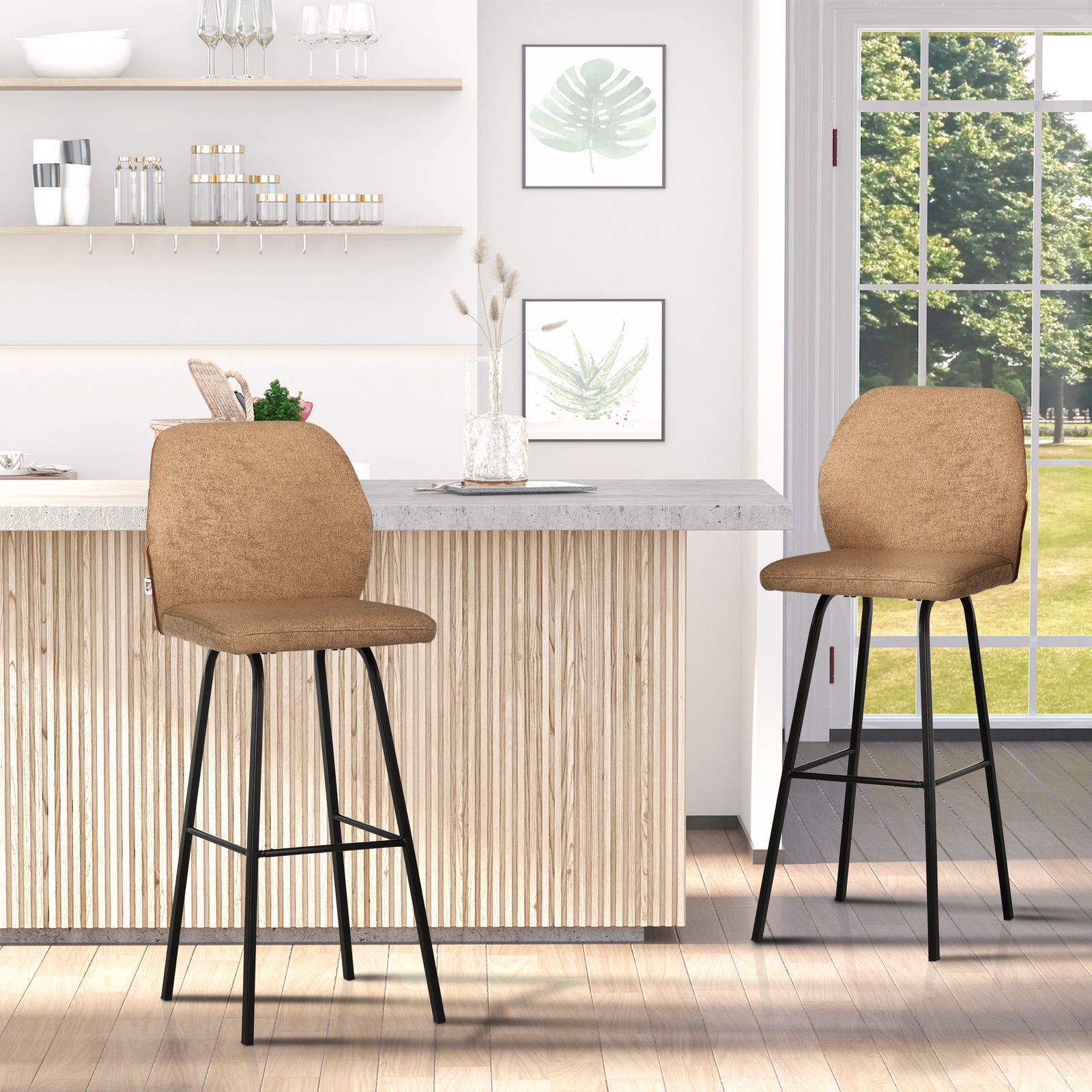 Upholstered Kitchen Stools With Back Set Of 2 | Brown