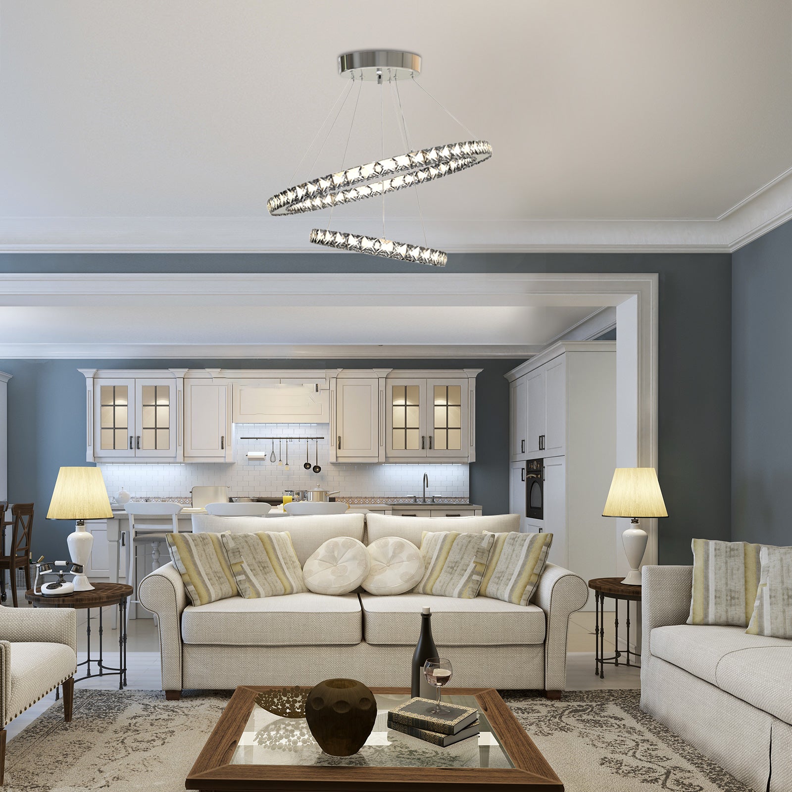 HOMCOM Led Dimmable Chandelier With 2 Crystal Rings Flexible Cable
