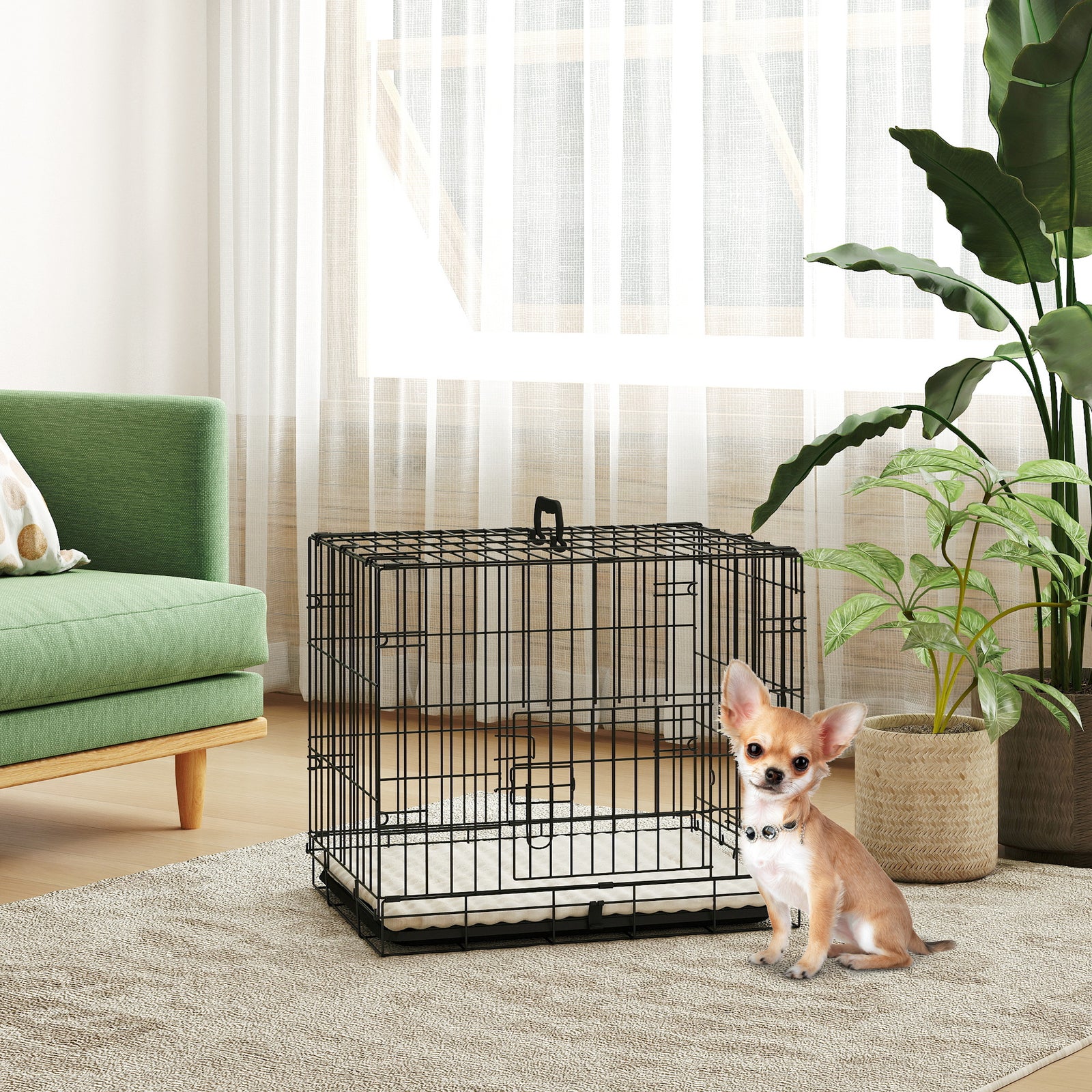Pawhut Dog Crate With 2 Doors, Tray, Soft Cushion, For Extra Small Medium And Large Dogs | Black