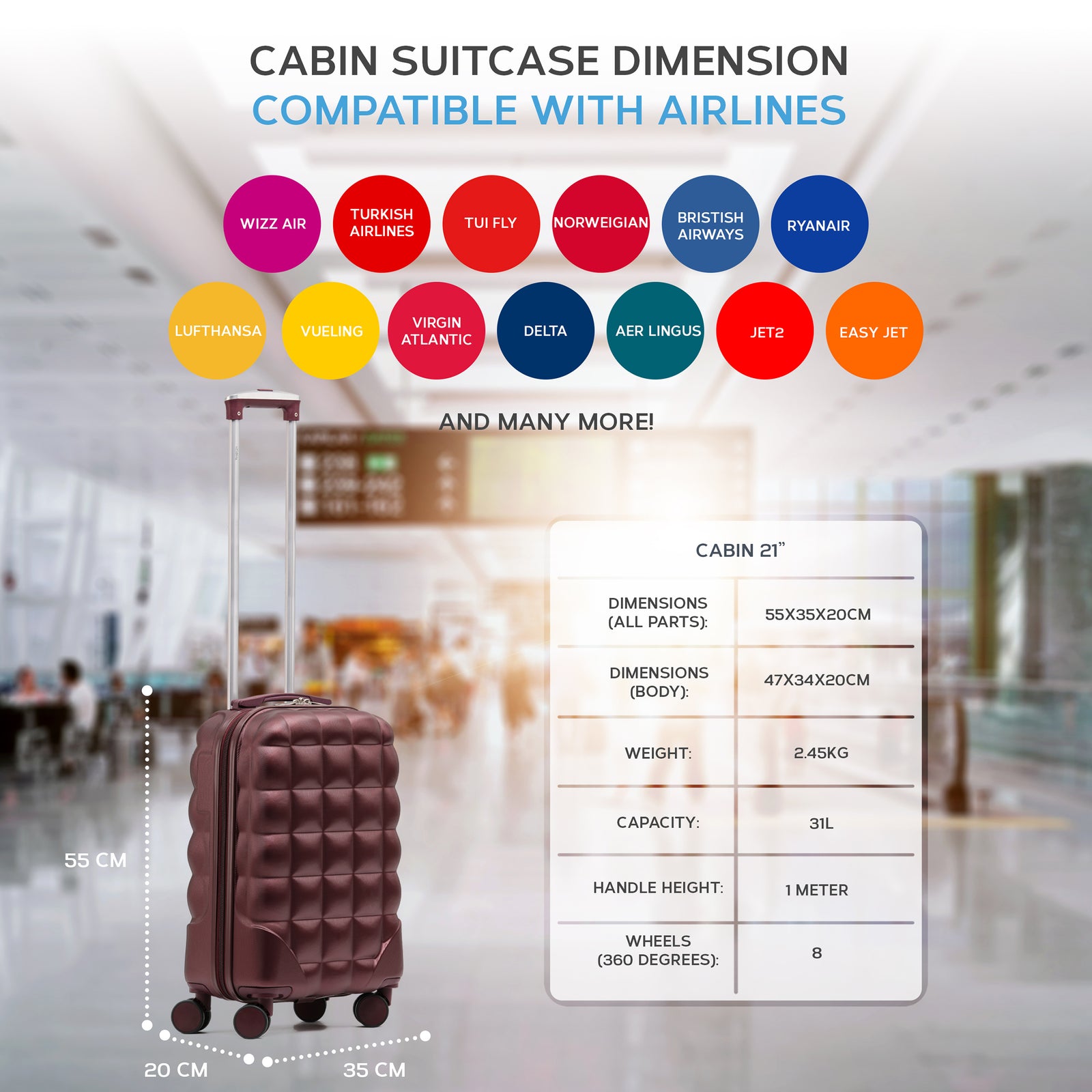 55x35x20cm Hard Case Bubble Carry On Suitcase - 100+ Airline Approved | Cabin | Burgundy