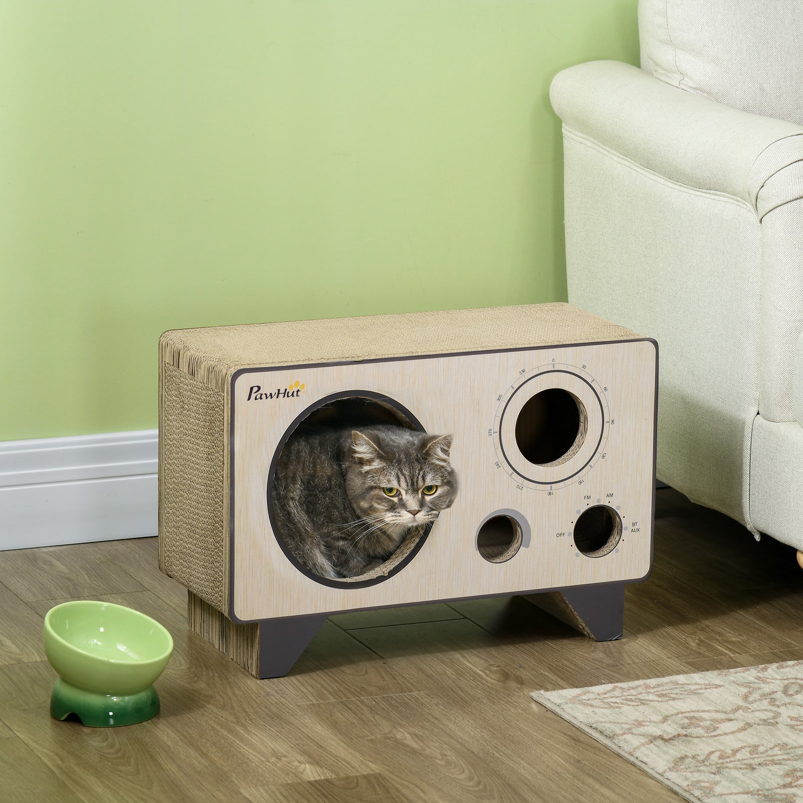 Radio Shape Cat Scratching Board With Catnip, Natural Wood Finish