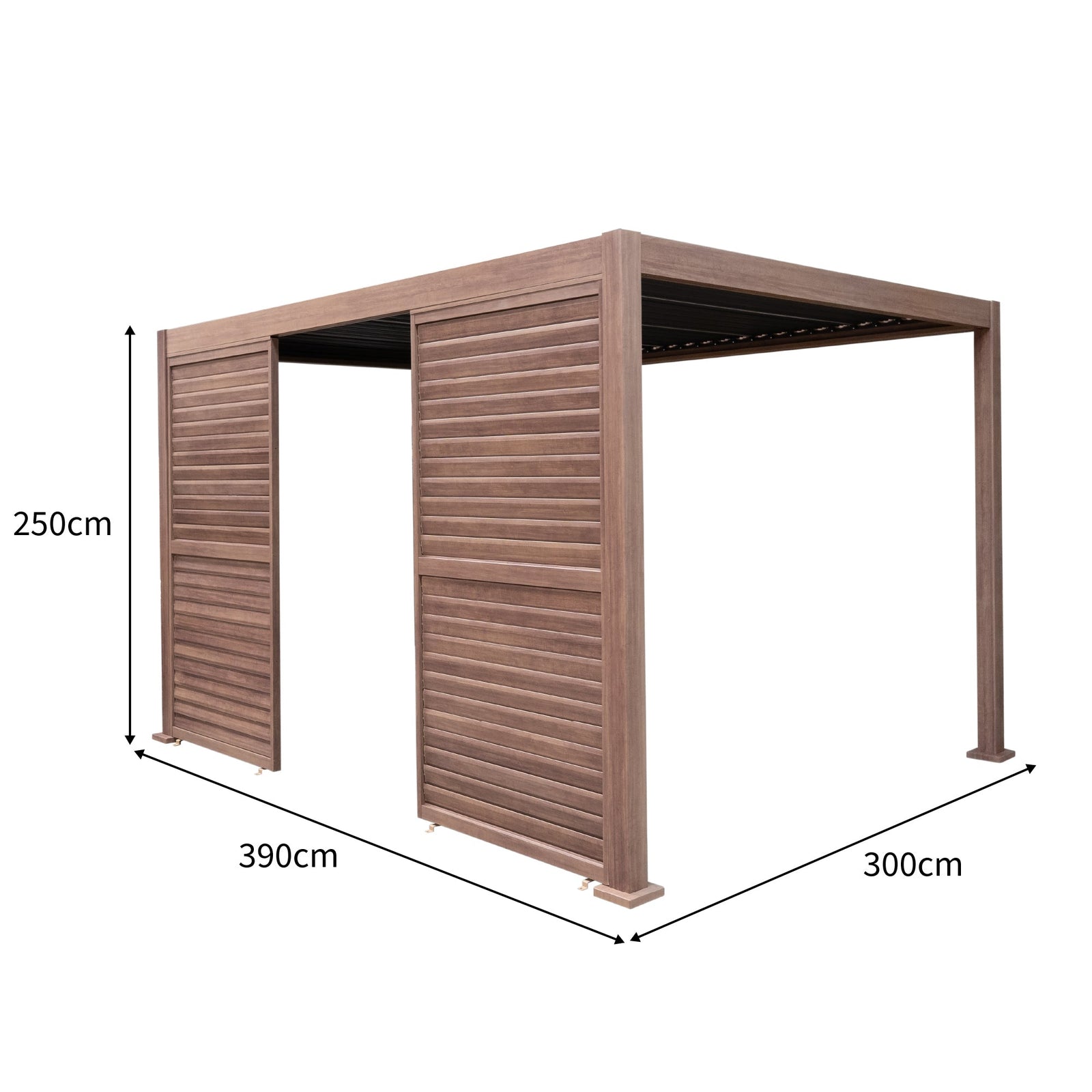Wood Effect Aluminium Pergola With Led Lights & 2 X Side Panels | 4m x 3m | Brown