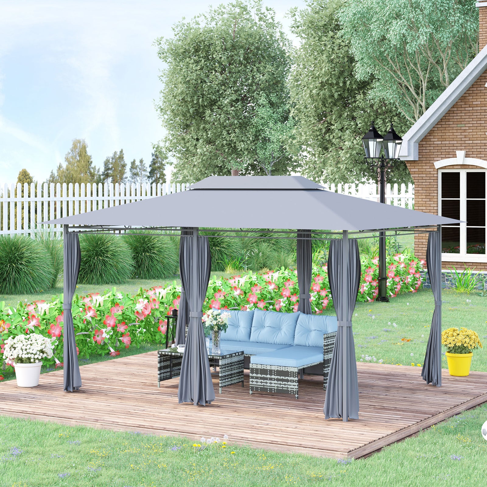 3 X 4m Outdoor 2-tier Steel Frame Gazebo W/ Curtains Outdoor | Gray