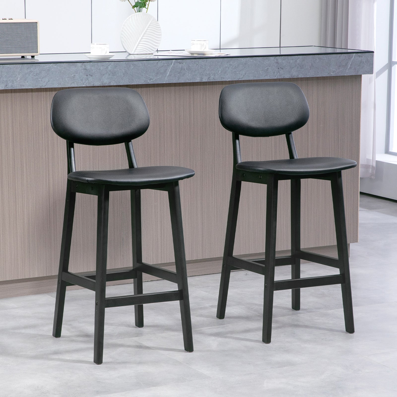 Breakfast Bar Stools Set W/ Pu Leather Wood | Black