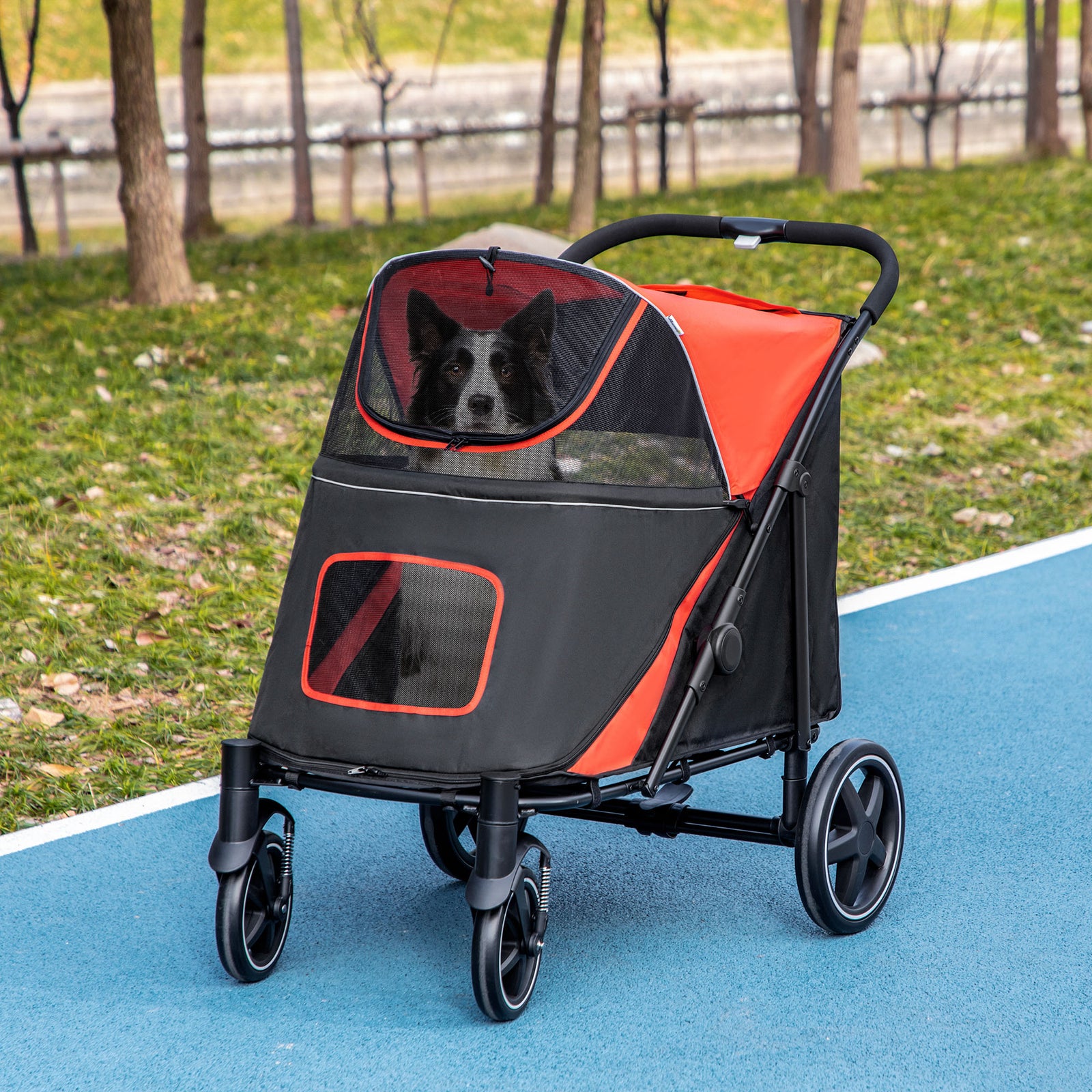 Foldable Dog Carriage W/ Universal Wheels, Shock Absorber | Red