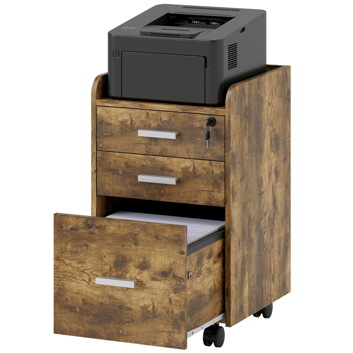 HOMCOM Mobile Filing Cabinet, Lockable File Cabinet With 2 Keys Rustic Brown