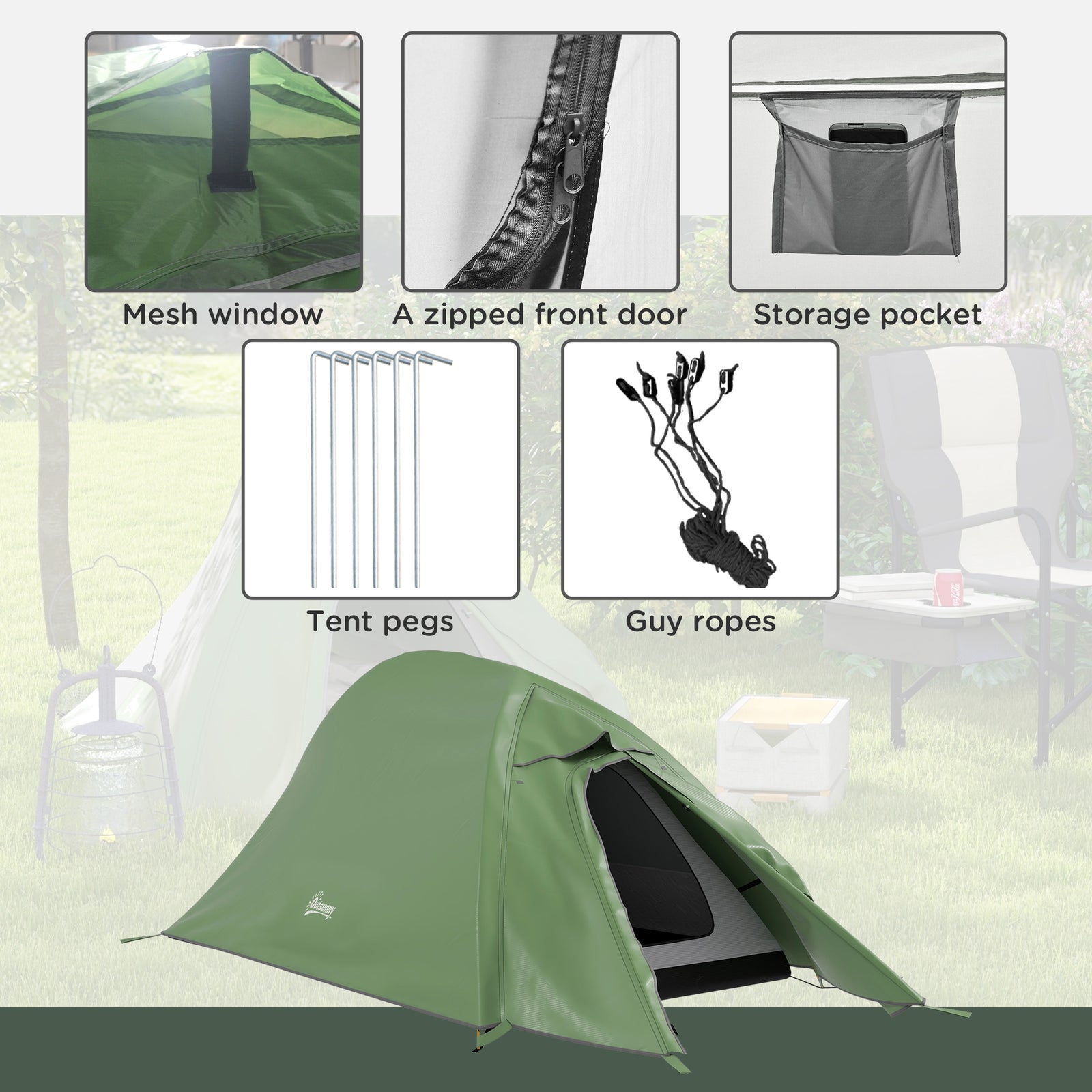 Double Layer Camping Tent For 1-2 Man, 2000mm Waterproof | Green