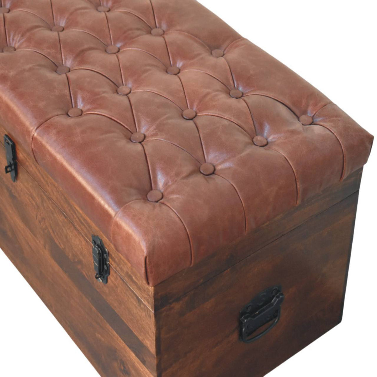 Solid Wood Brown Buffalo Hide Leather Storage Trunk