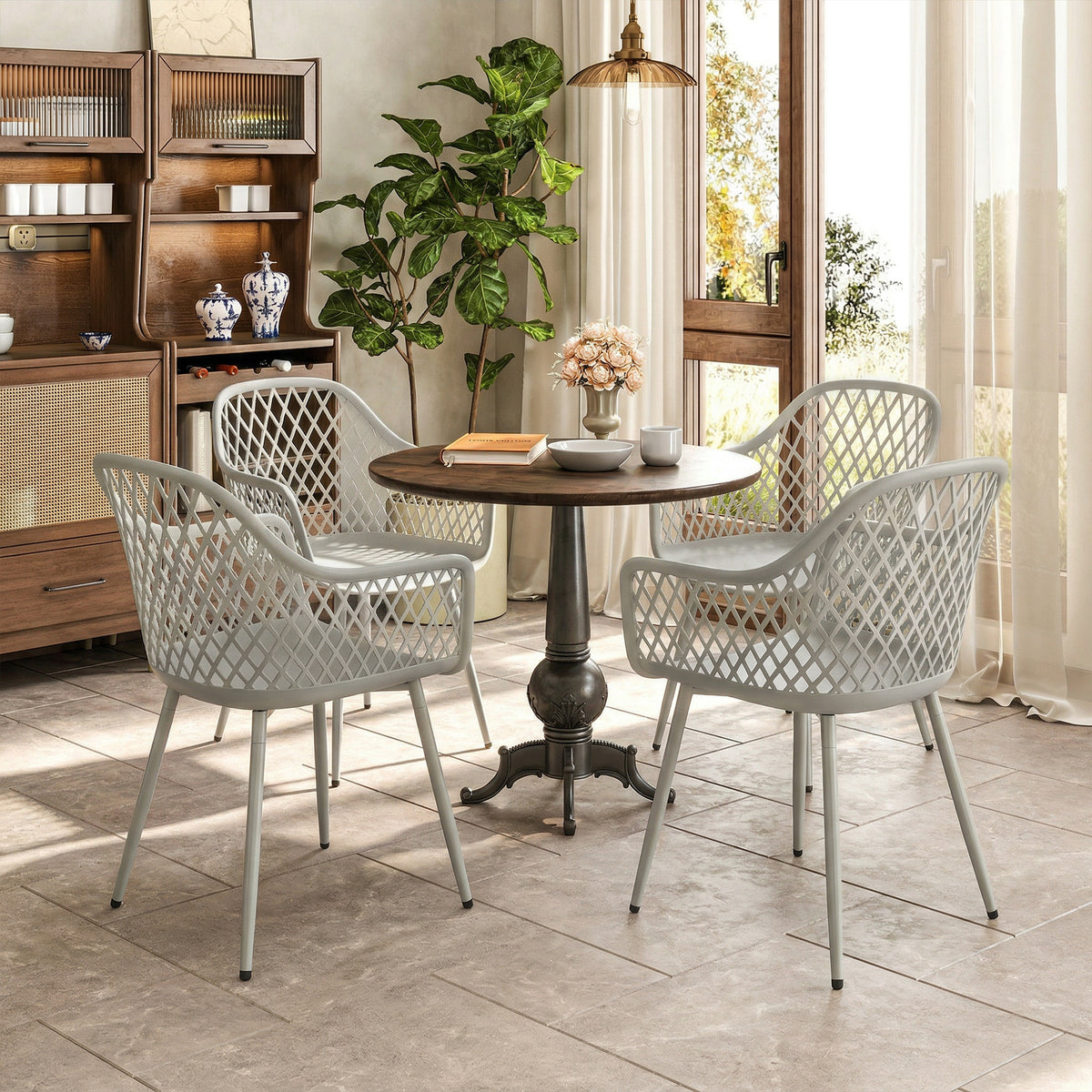 Garden Chairs Set, Garden Dining Chairs With Armrests | Set of 4 | Grey