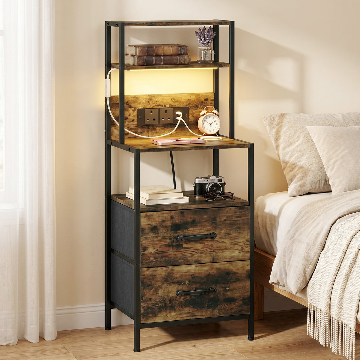 HOMCOM Bedside Table With Charging Station & Led Light Strips, Rustic Brown