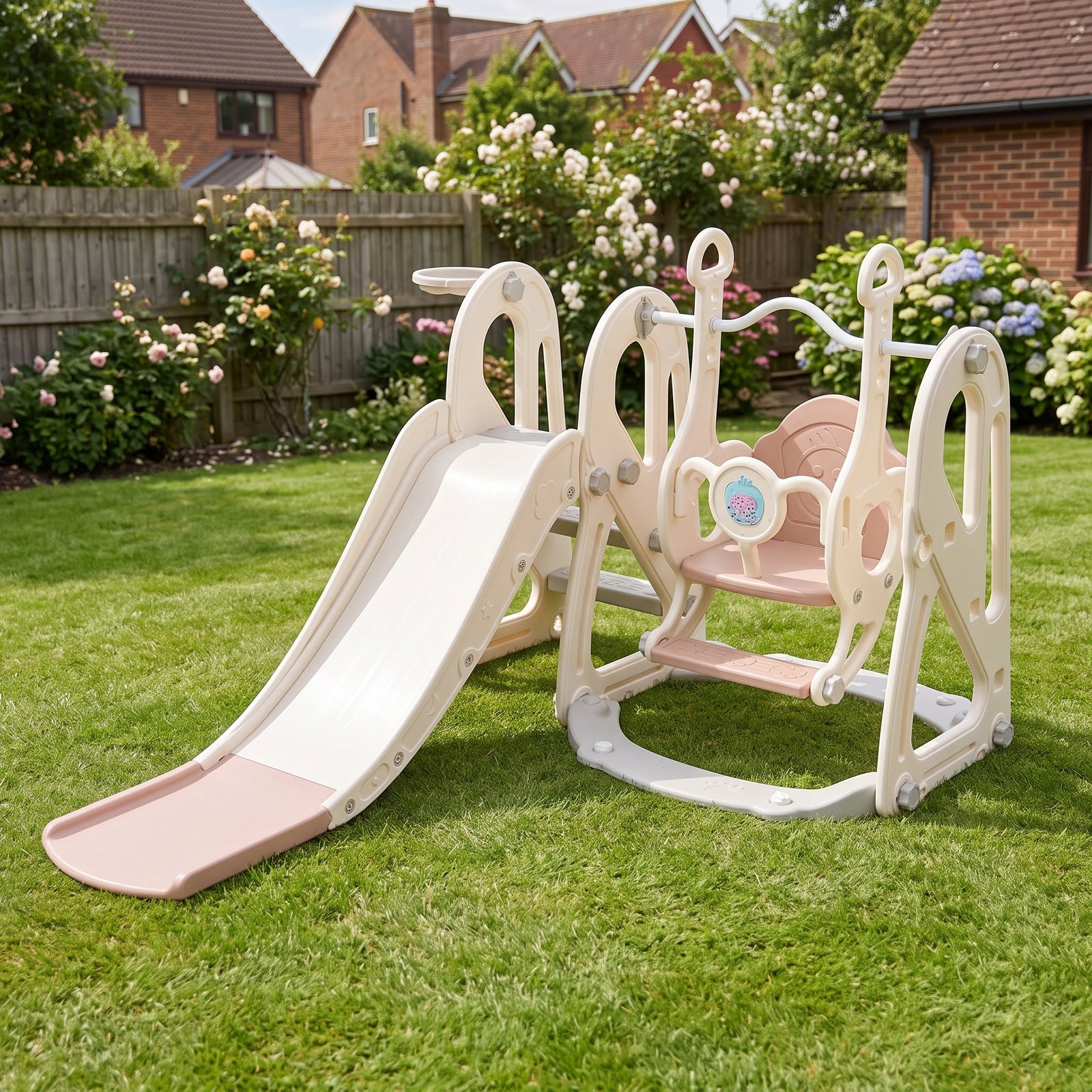 4-in-1 Kids Slide & Swing Set With Basketball Hoop | Pink