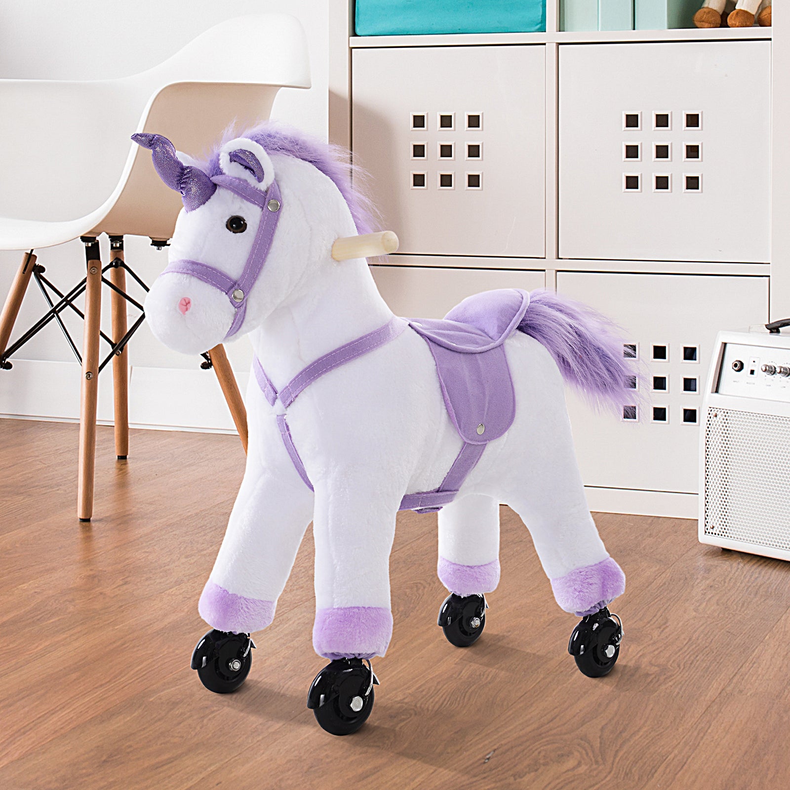 Kids Plush Ride-on Unicorn Walking Horse Toy W/realistic Sound Handlebar