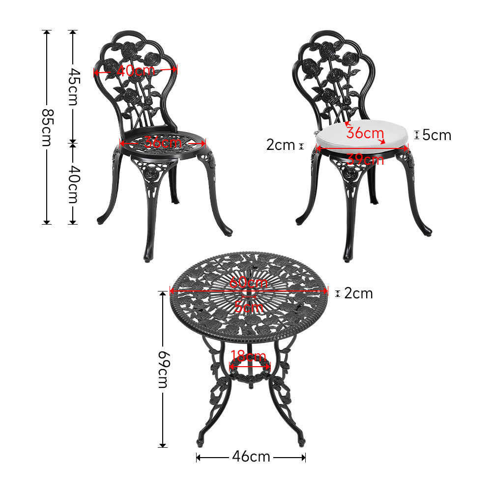 3-Piece Black Cast iron outdoor dining set circular patio balcony table and 2 chairs small weather-resistant furniture | Set of 3 | Black