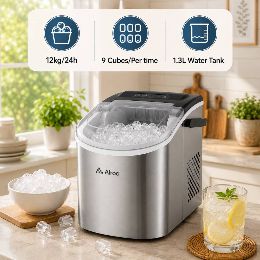 12kg/24h Stainless Steel Portable Countertop Ice Maker Machine 2 Ice Sizes Self-cleaning 1.3l Black