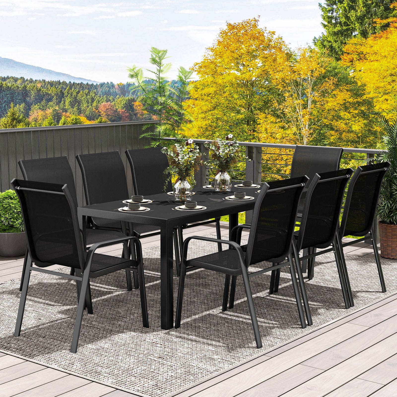 9 Pieces Patio Dining Set With Stackable Chairs | Black