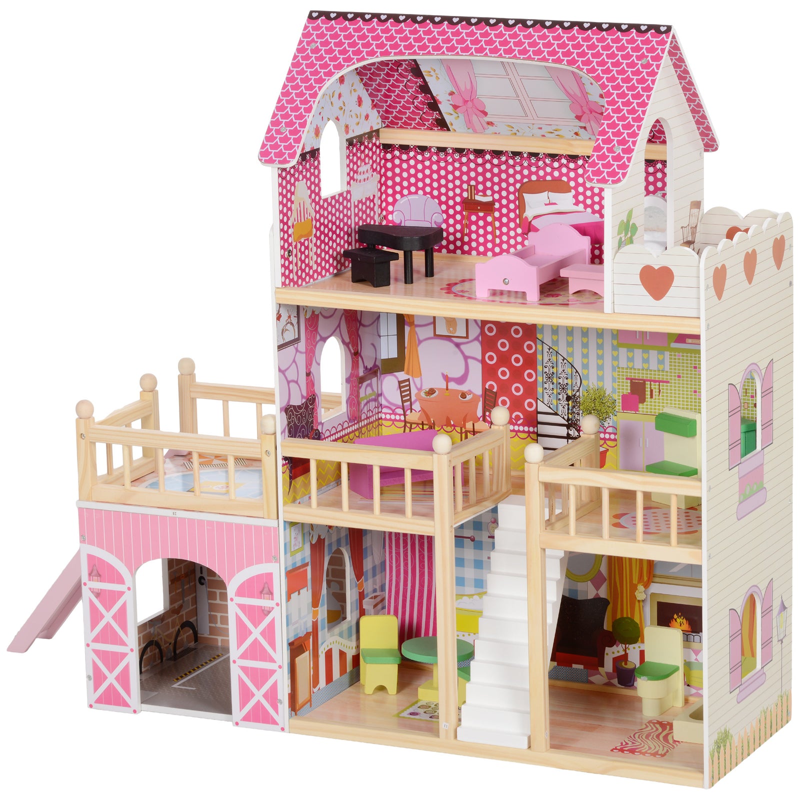 Dolls House With 13 Pieces Wooden Furniture And Accessories