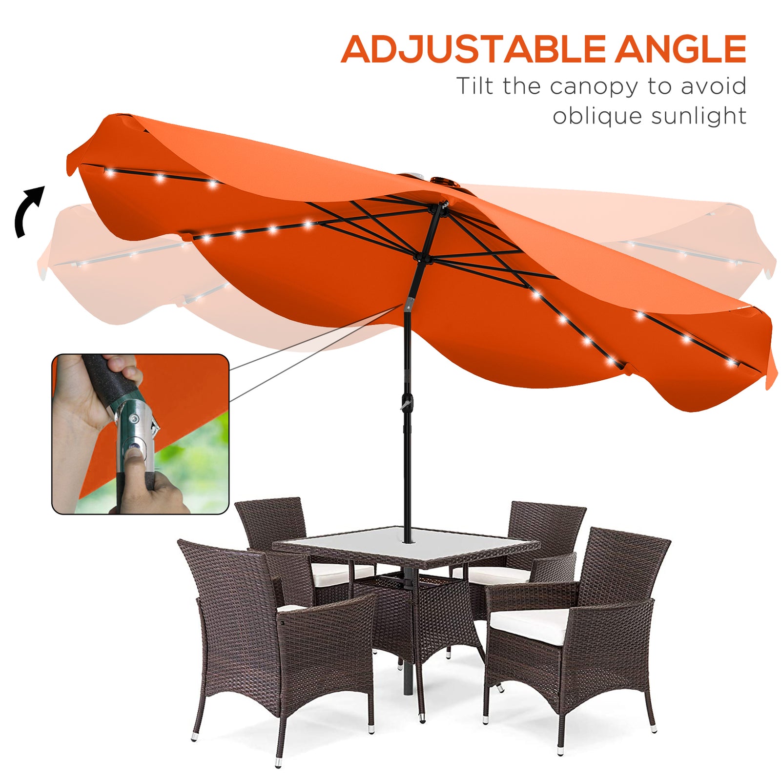 Solar Garden Parasol W/ Led, Tilt | Orange