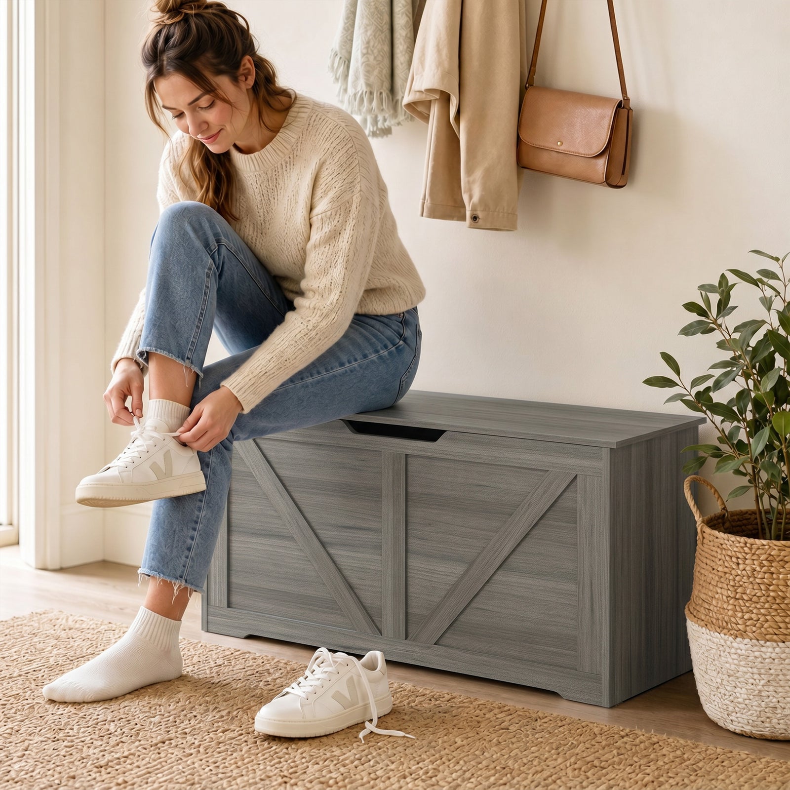 Storage Trunk For Living Room, With Safety Hinges, 100cm | Dark Grey