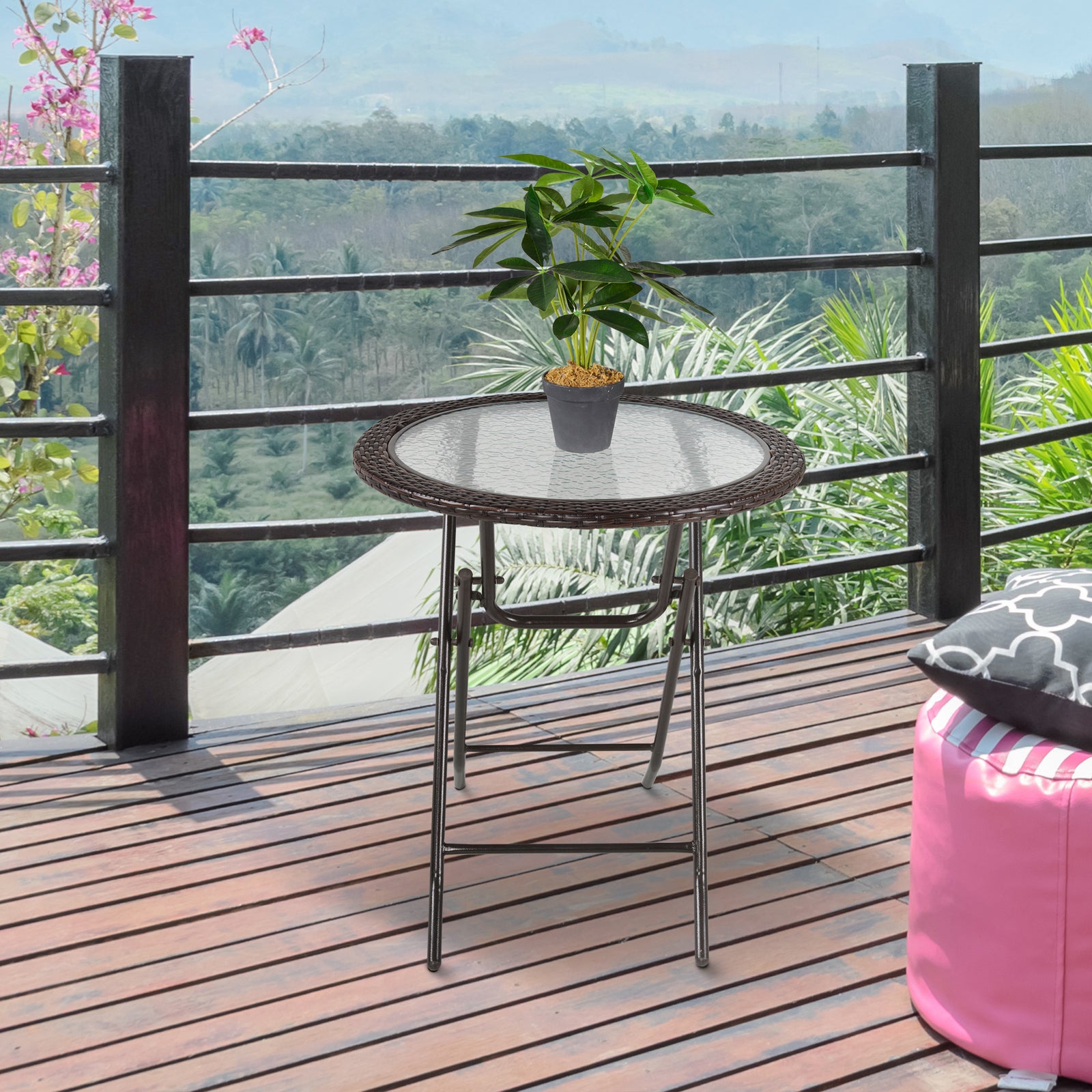 Folding Round Rattan Table W/ Tempered Glass Top