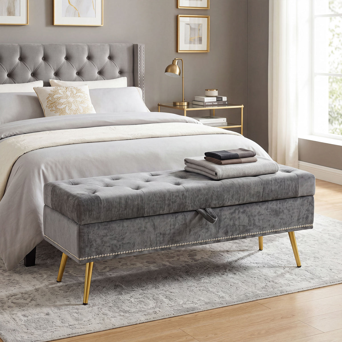 HOMCOM Storage Ottoman, Chenille Ottoman Storage Box