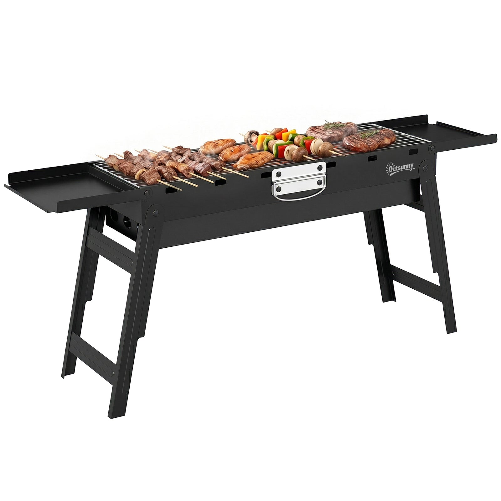 Bbq Grill, Charcoal Barbecue With 2 Side Shelves And Handle | Black