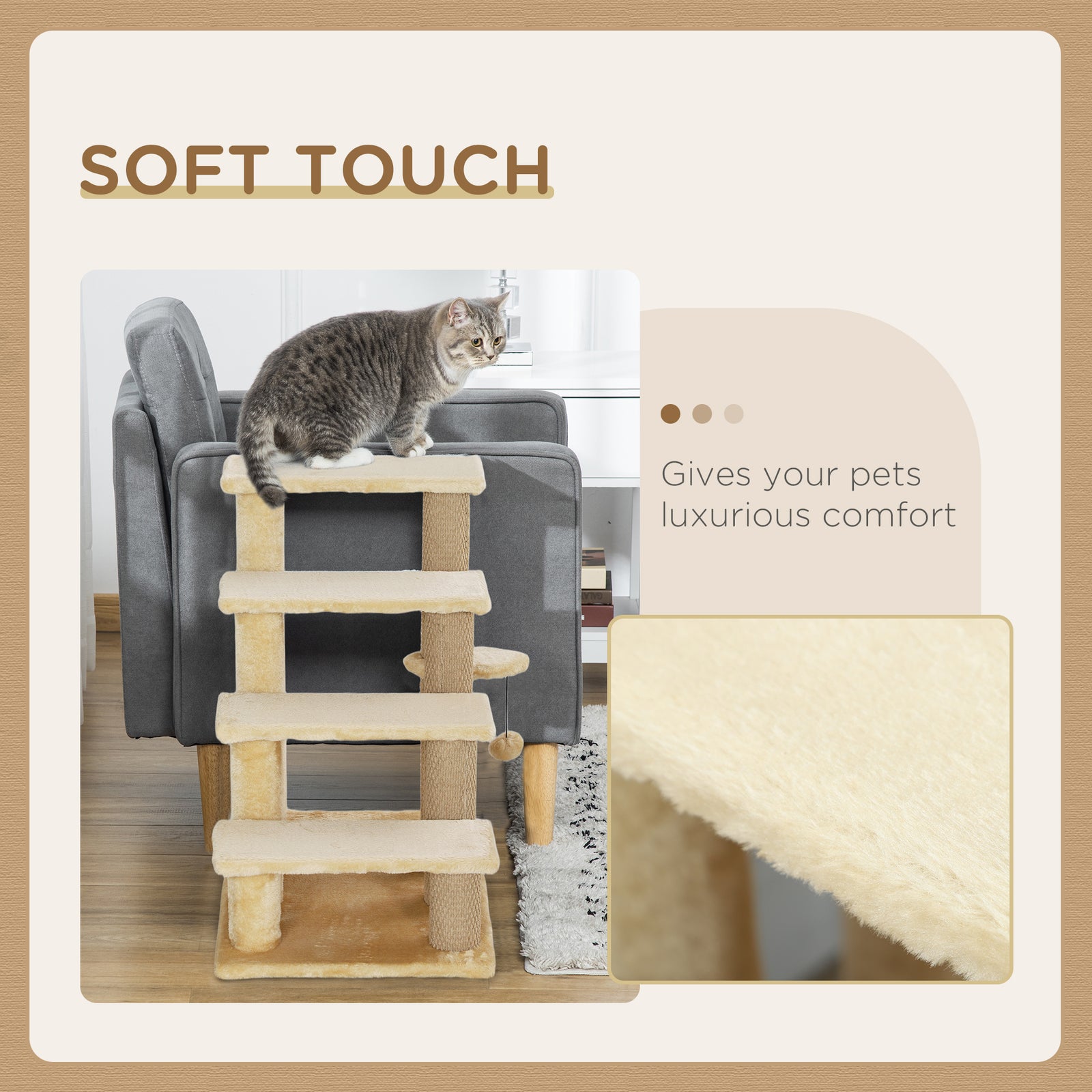 PawHut Pet Stairs With 4-step Stair, Scratching Posts, Platforms, Toy Ball