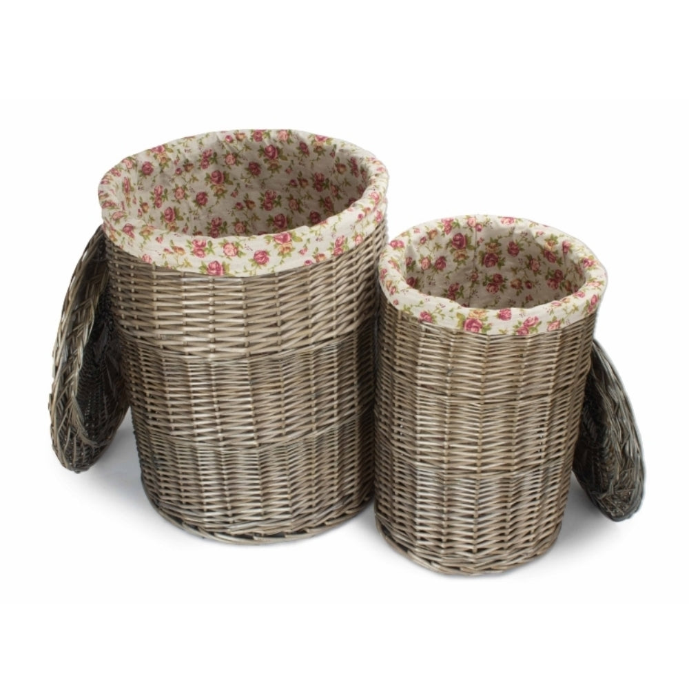 Rose Cotton Lined Wicker Antique Wash Round Laundry Baskets | Set of 2 | Pink
