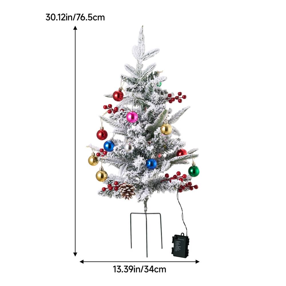Set Of 2 Led Snow Flocked Christmas Trees,artificial Pine With Red Berries, Baubles & Pinecones, 8 Lighting Modes, Timer Function