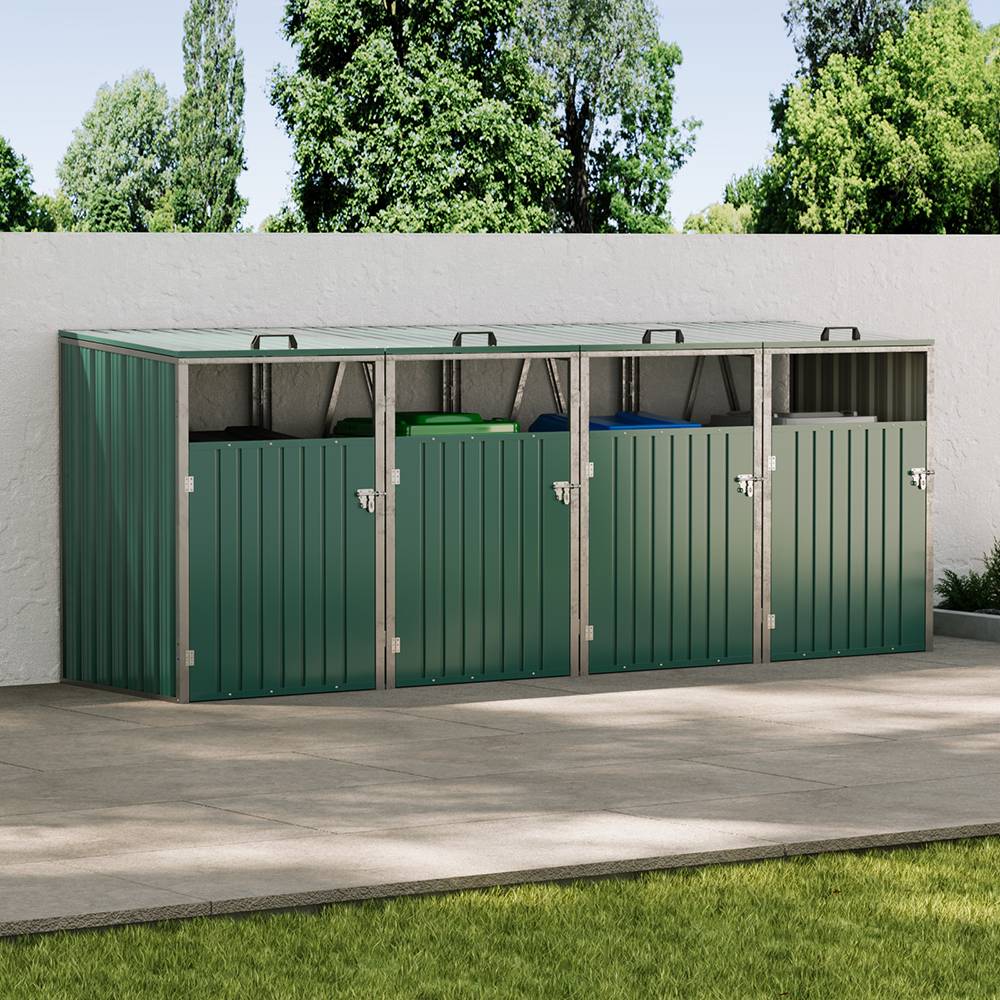 4 Bin Storage Shed – Heavy-duty Galvanized Steel Outdoor Bin Store With Lift-up Lids & Lockable Doors | Green