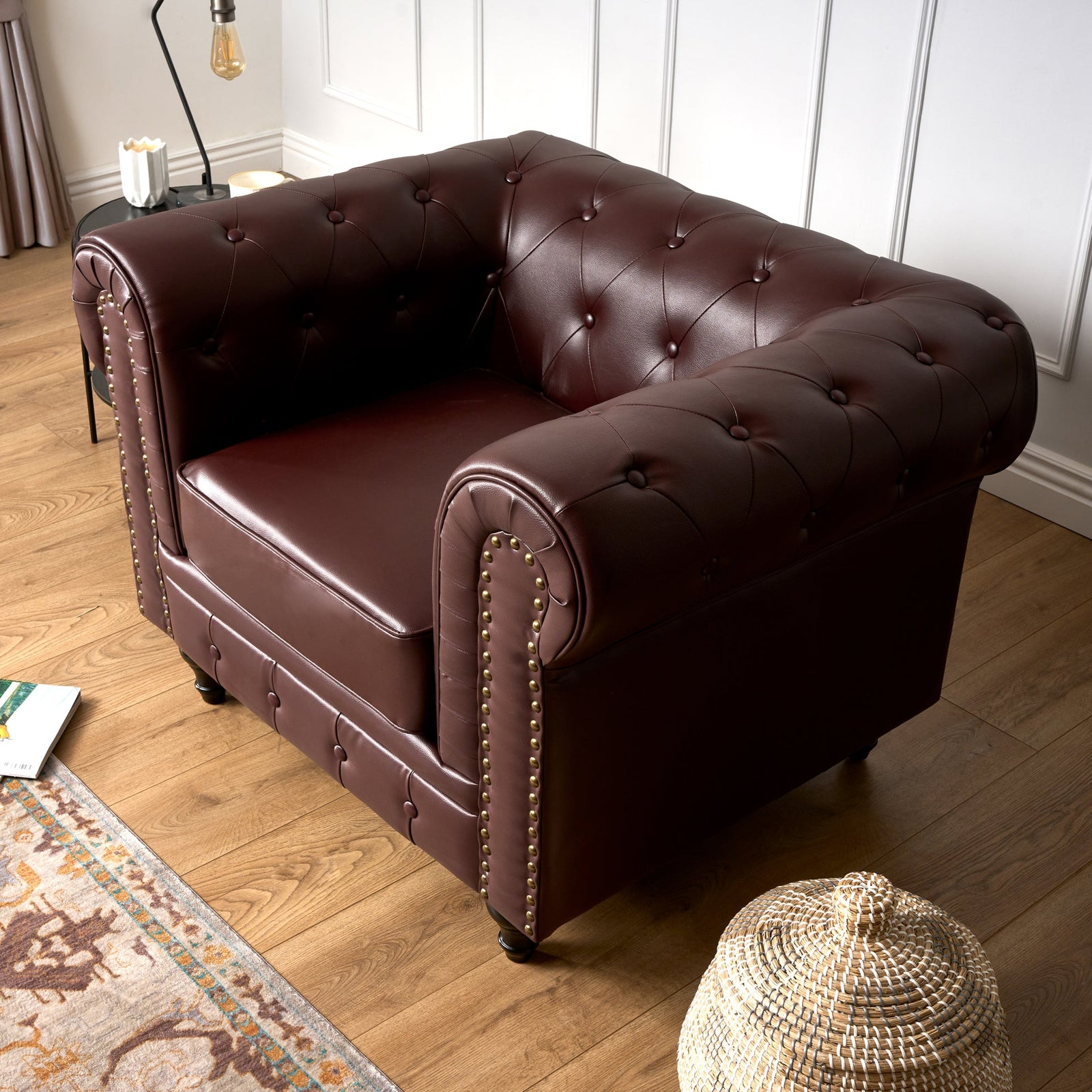 Button Tufted Faux Leather Living Room Armchair | Brown