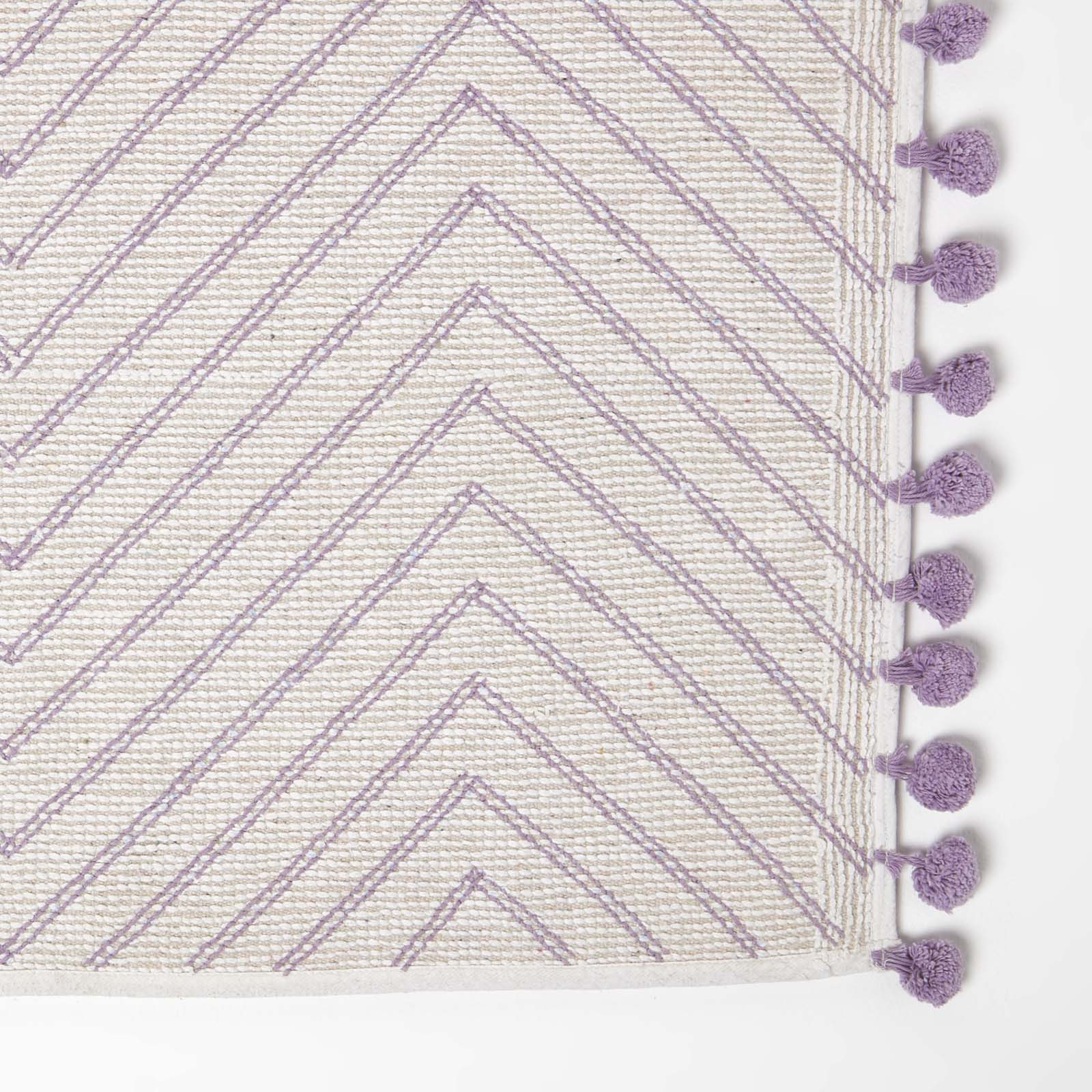 Tufted Cotton Bath Mat Zig Zag Design With Pom Poms | 50 x 80cm | Lilac