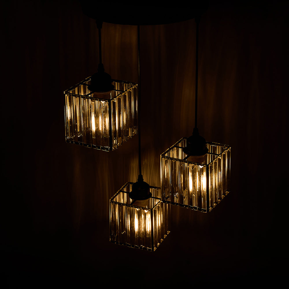 Modern 3-light Crystal Pendant Light Adjustable Linear Ceiling Fixture With Square Glass Shades | Black