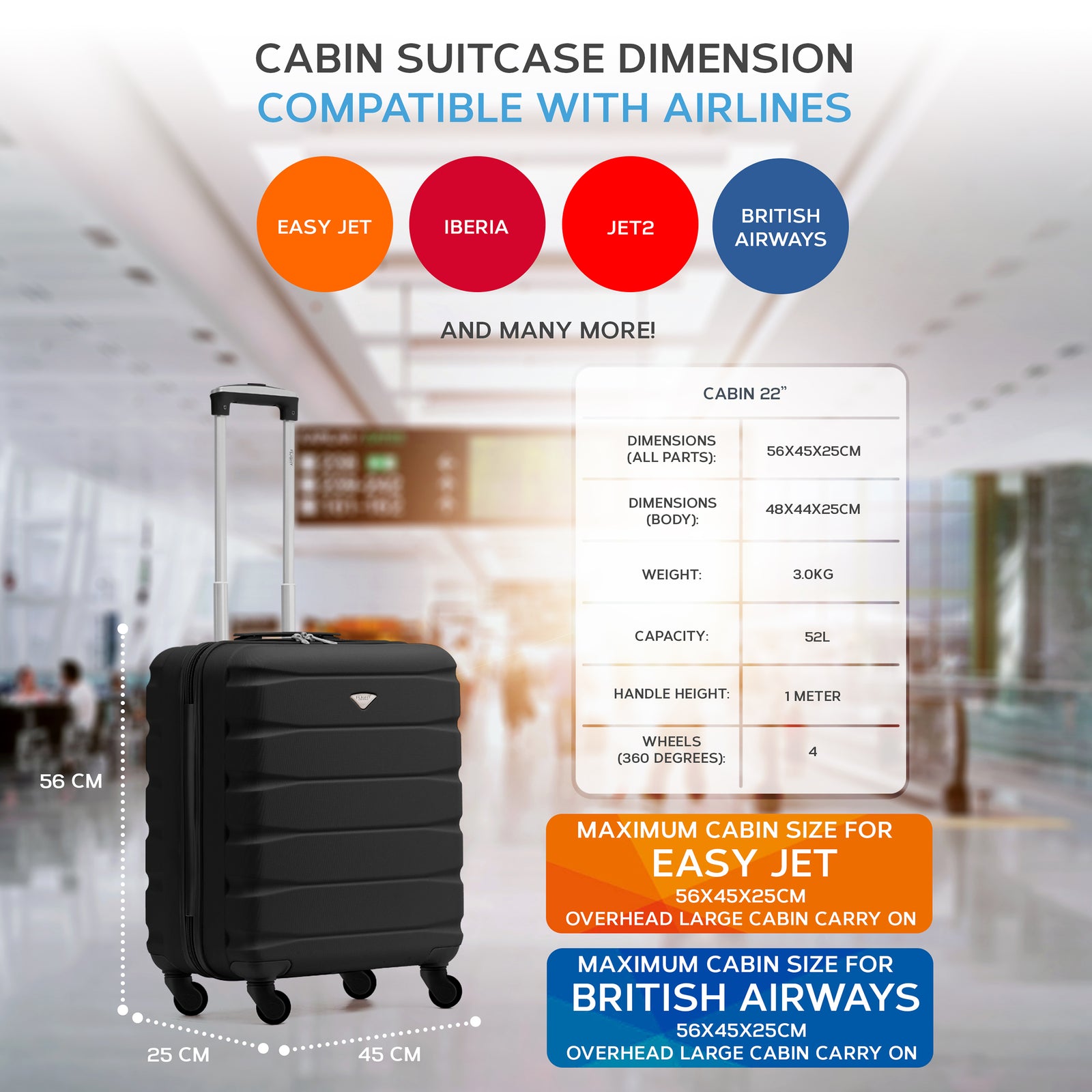 56x45x25cm Large Cabin Carry On Case - Overhead Luggage Suitcase - 4 Spinner Wheels - Abs Shell | 56 x 45 x 25cm | Black & Silver