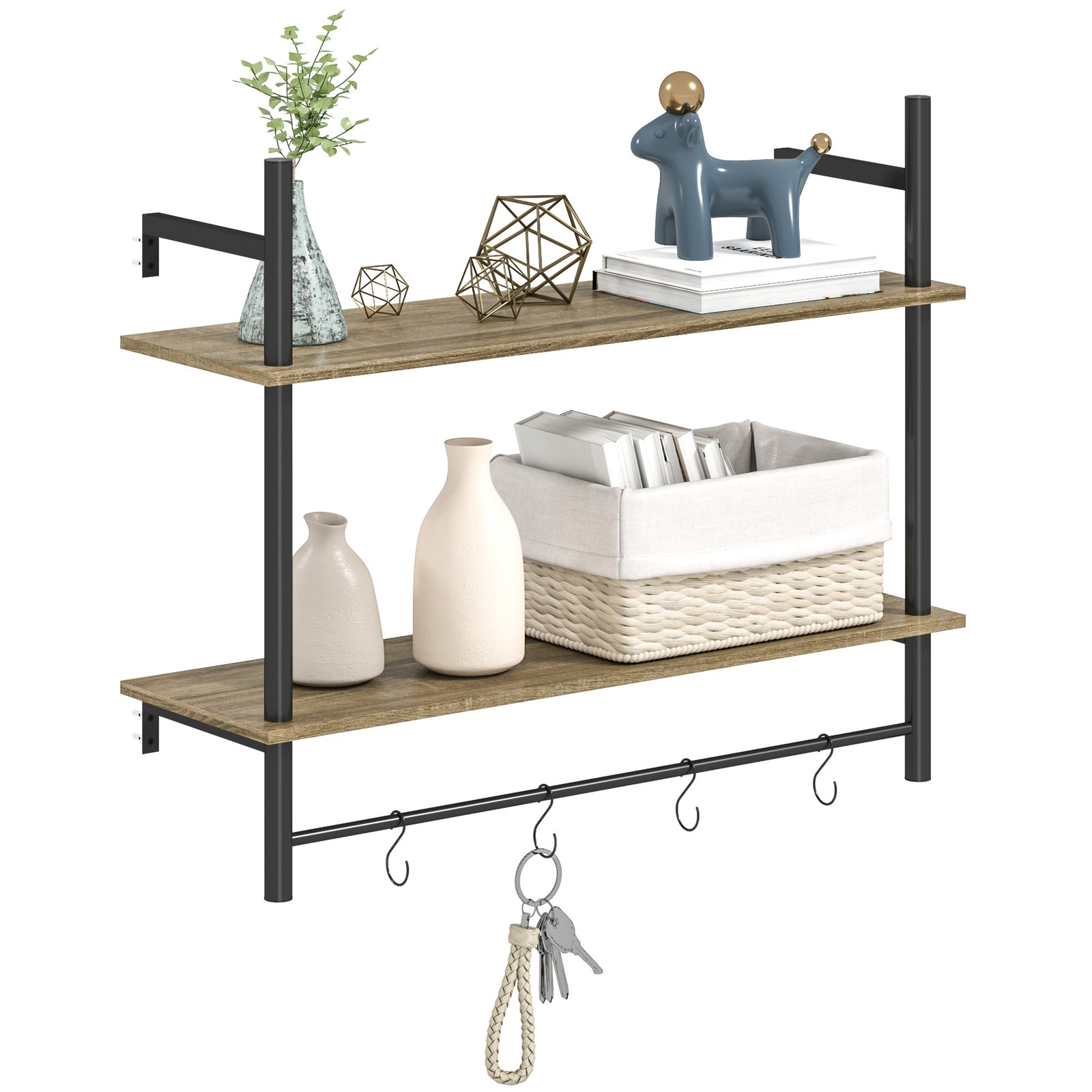 Wall Shelf Unit With 4 Hooks For Living Room, Entryway | One Size