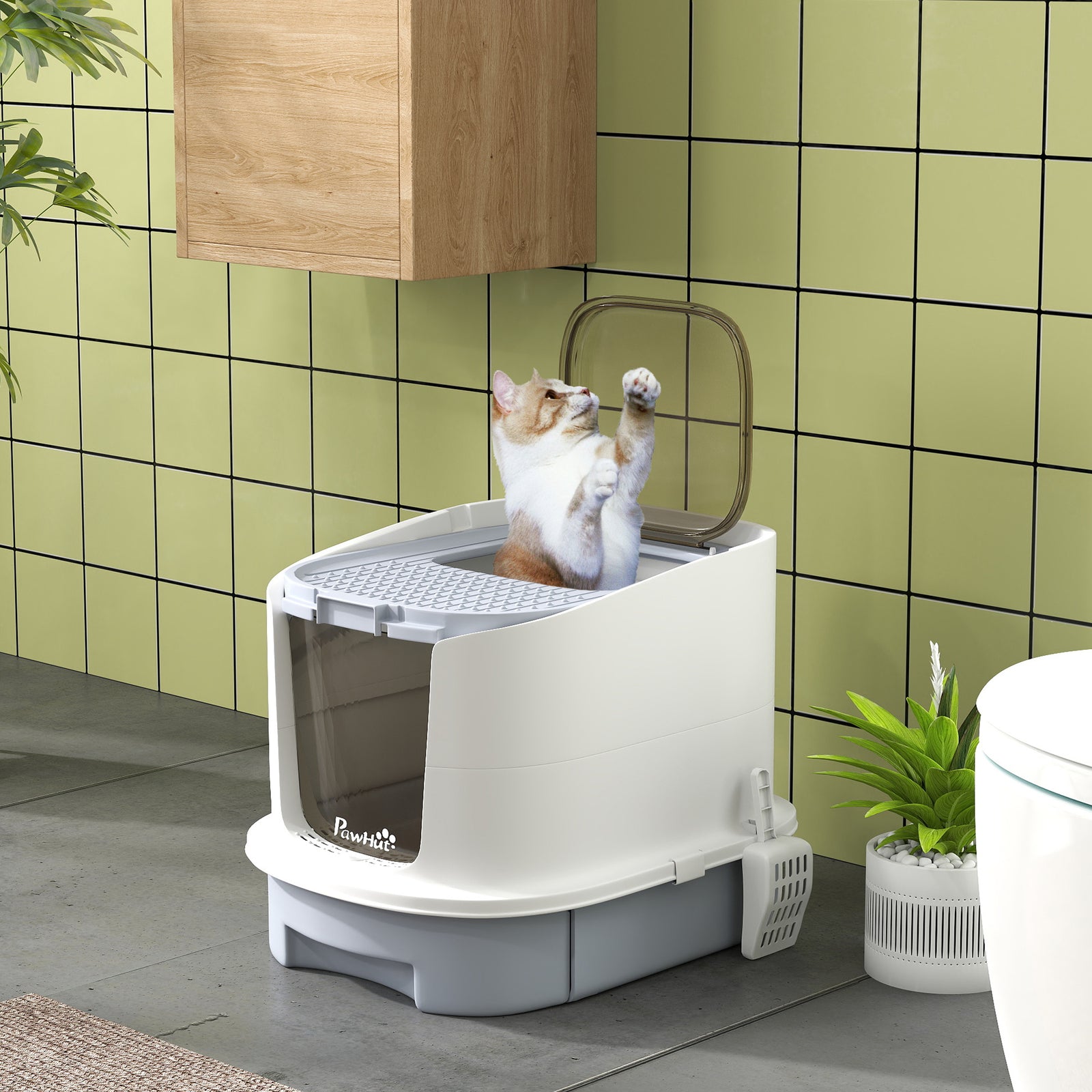 Cat Litter Box, Hooded Cat Litter Tray With Lid, Scoop, Grey
