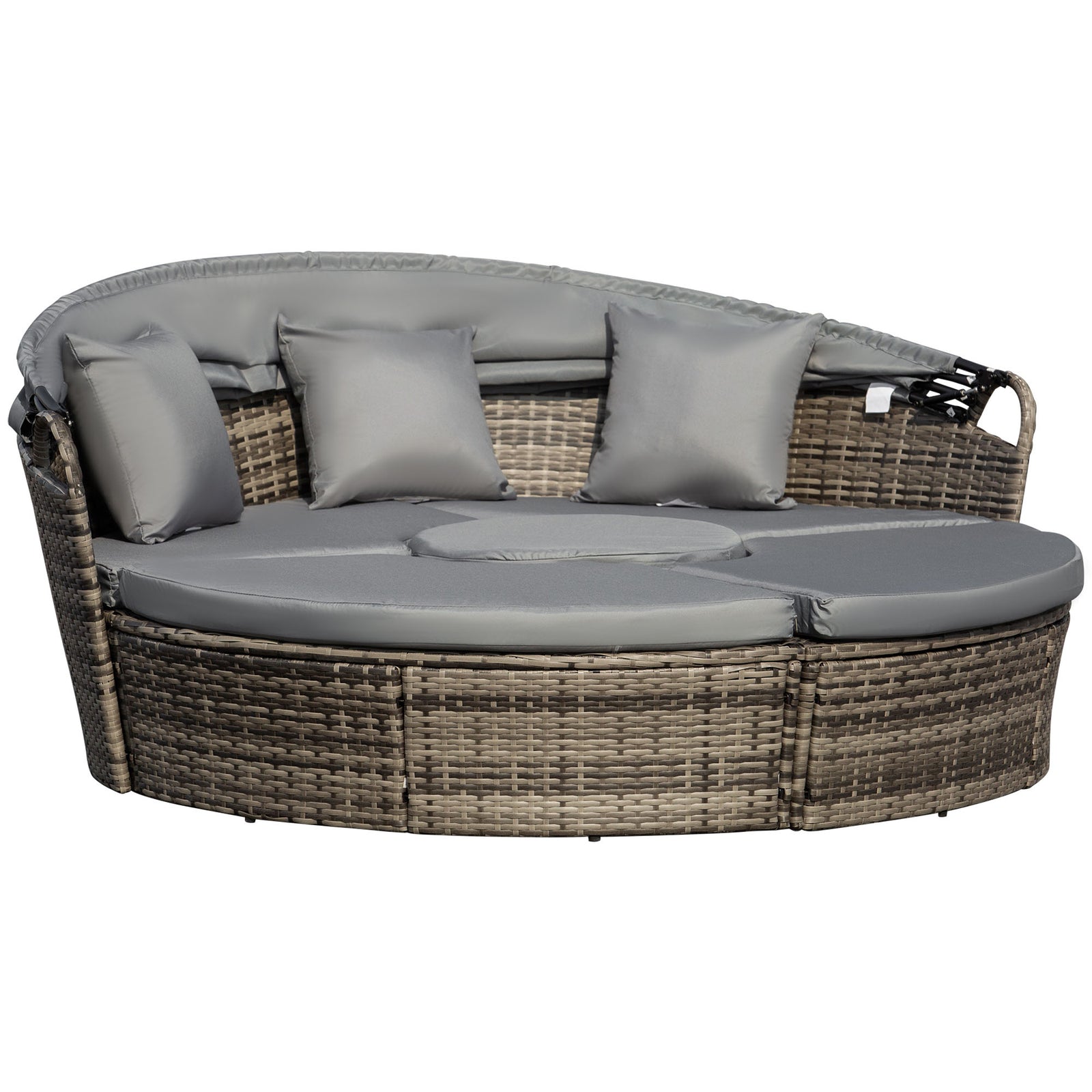 5 Pcs Cushioned Outdoor Rattan Round Sofa Bed Table Set | Gray