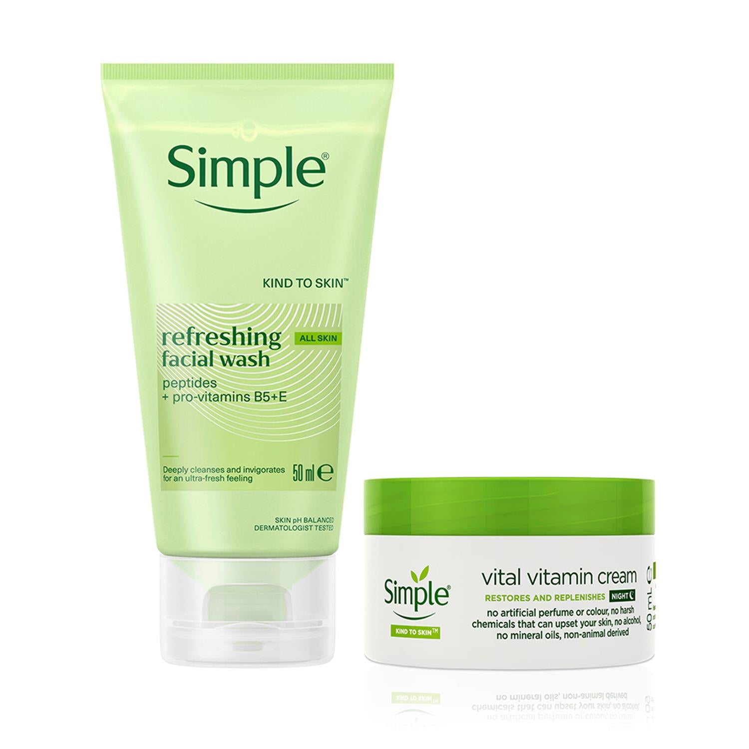 Simple Travel Facial Wash 50ml & Vital Vitamin Night Cream 50ml Bundle