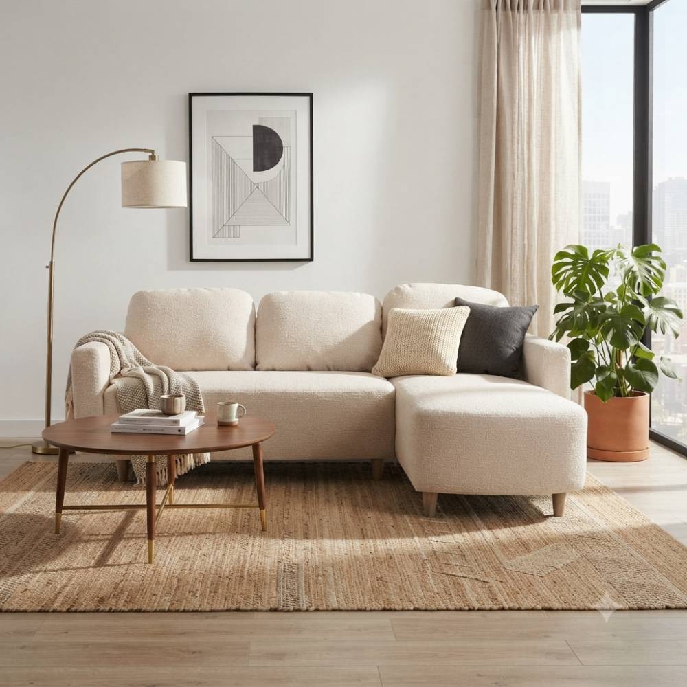 L-shaped Sofa And Chaise Lounge Set With Wooden Legs | White