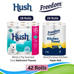 Freedom Rhino Kitchen Paper 24 Rolls + White 3-ply Toilet Tissues 18 Rolls