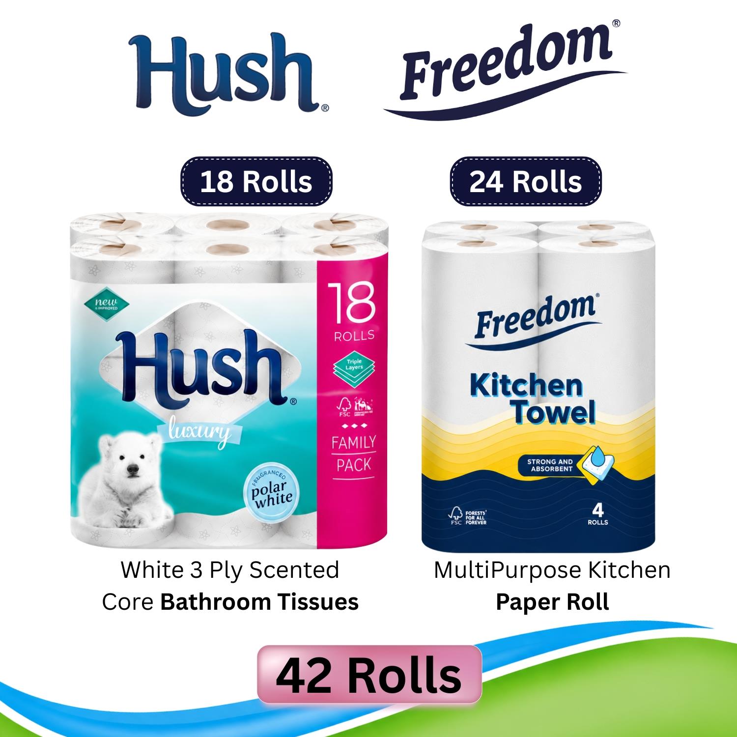 Freedom Rhino Kitchen Paper 24 Rolls + White 3-ply Toilet Tissues 18 Rolls