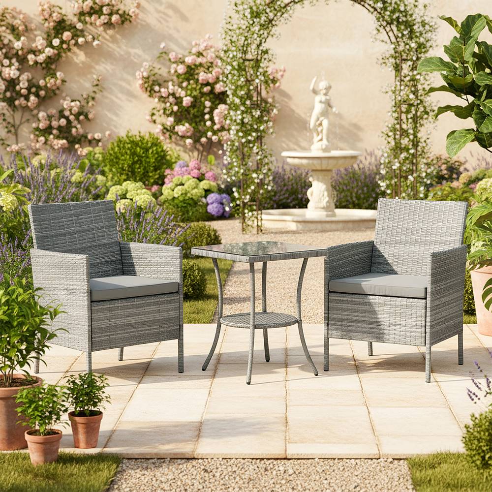 3-piece Pe Rattan Garden Furniture Set, Outdoor Patio Table And Chairs Set | Grey