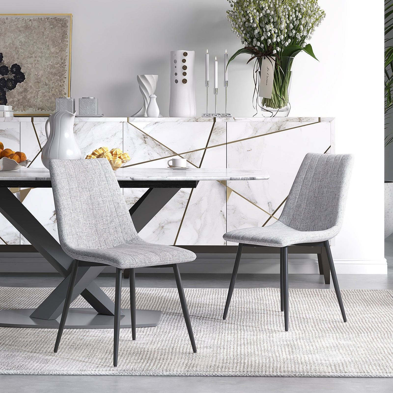 HOMCOM Linen Upholstered Dining Chairs, Steel Legs
