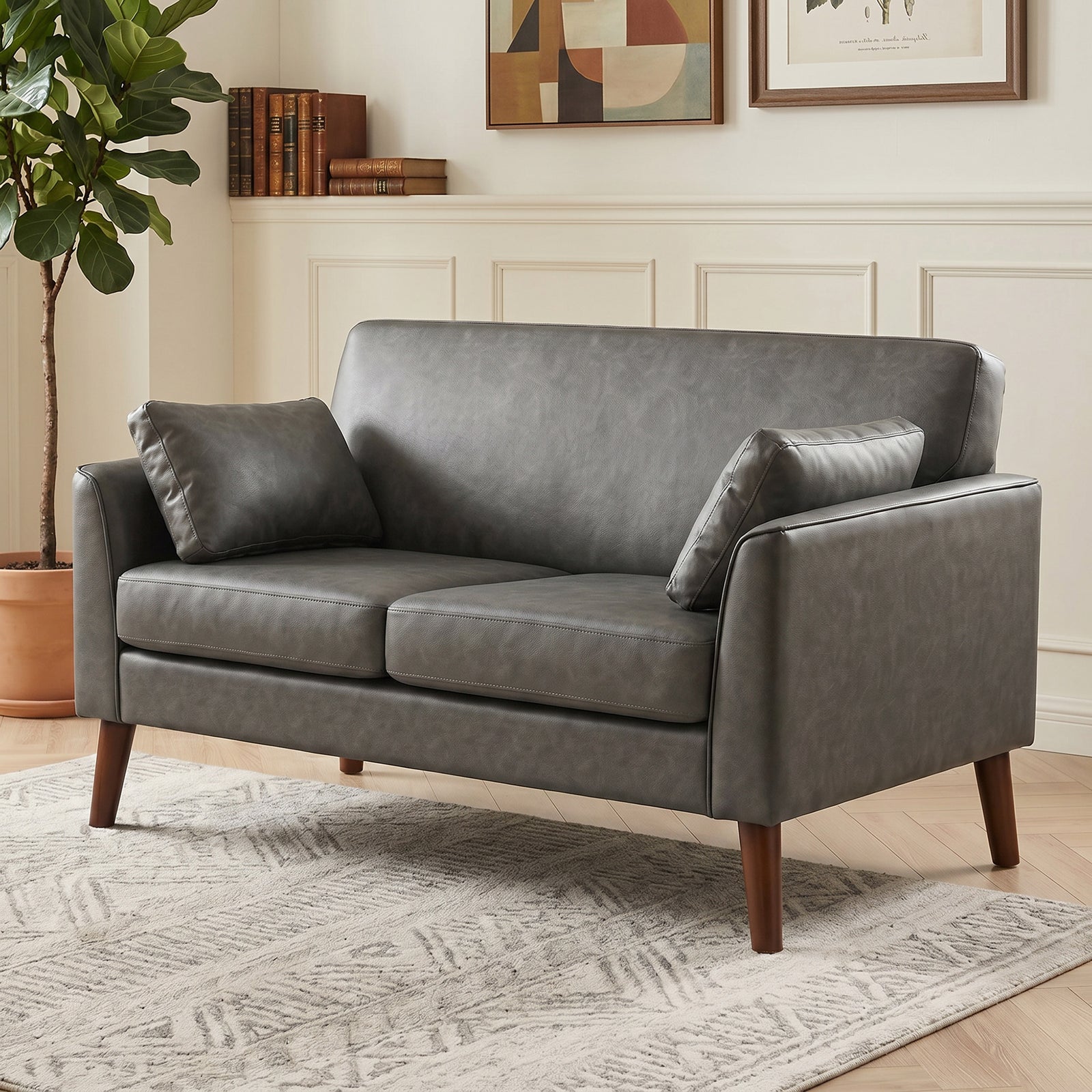 2 Seater Sofa, 132 Cm Modern Small Sofa With Solid Wood Legs | Grey