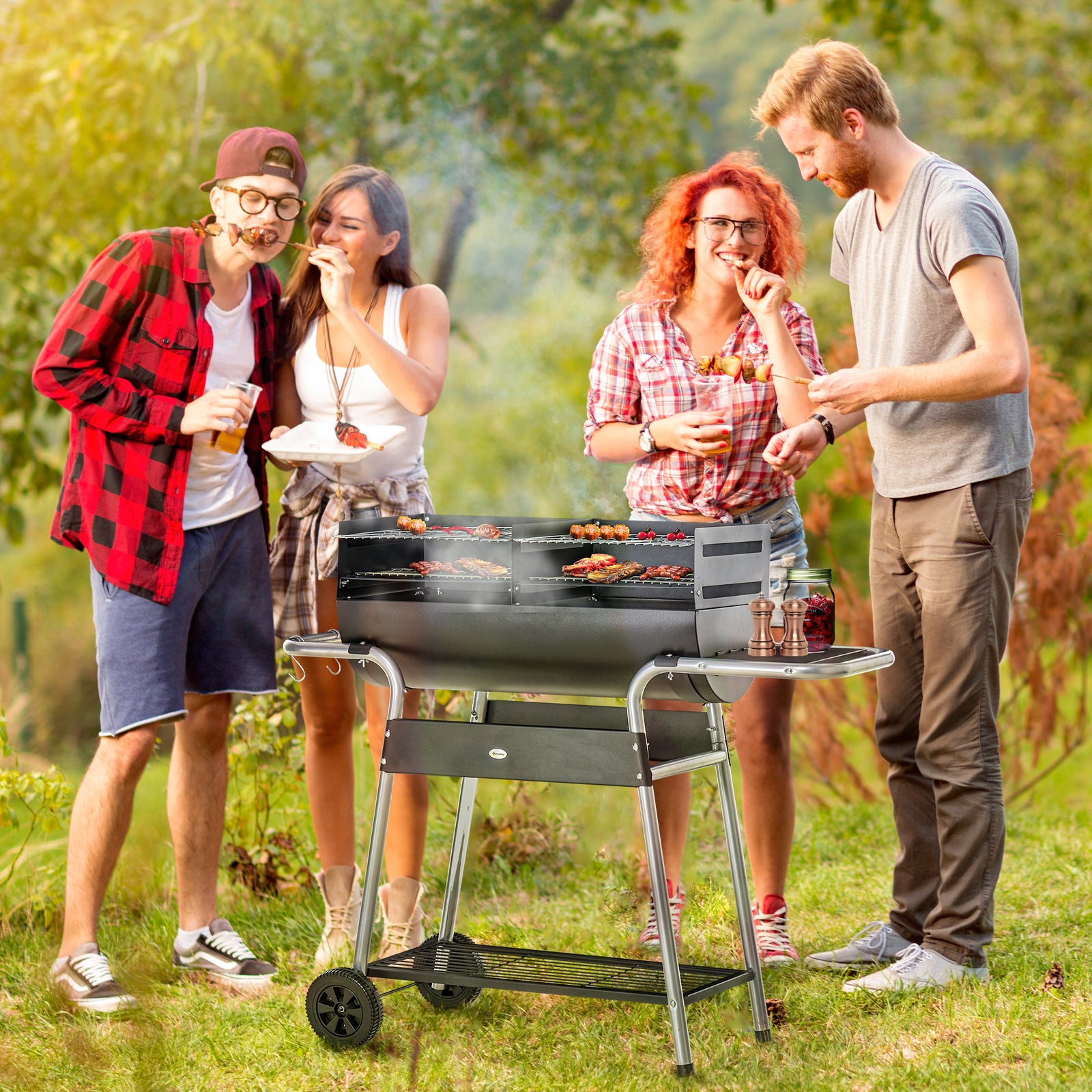 Charcoal Grill Trolley, Double Grill, Side Table | Black