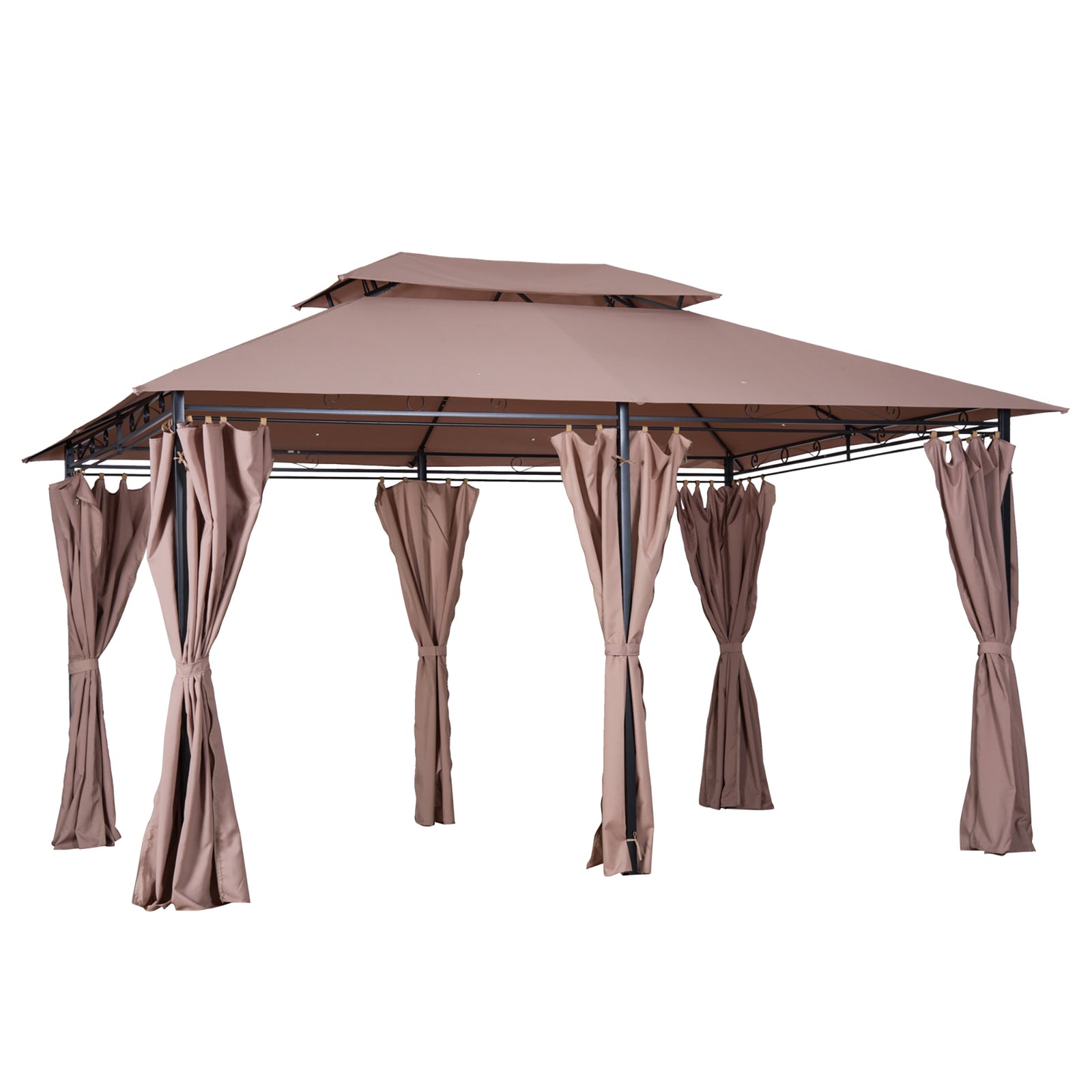 4m X 3(m) Outdoor 2-tier Steel Frame Gazebo W/ Curtains | Brown