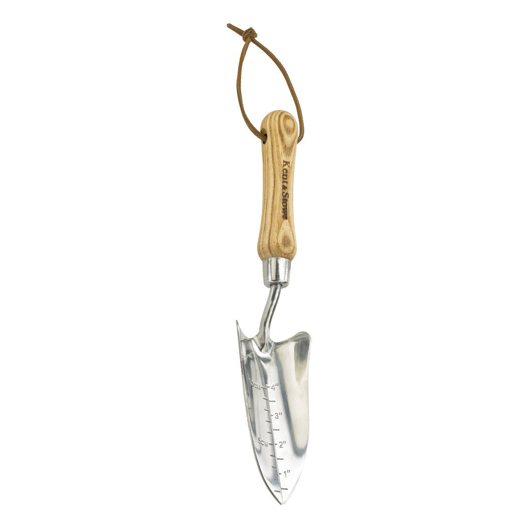 Stainless Steel Transplanting Trowel With Ash Wood Handle & Depth Gauge