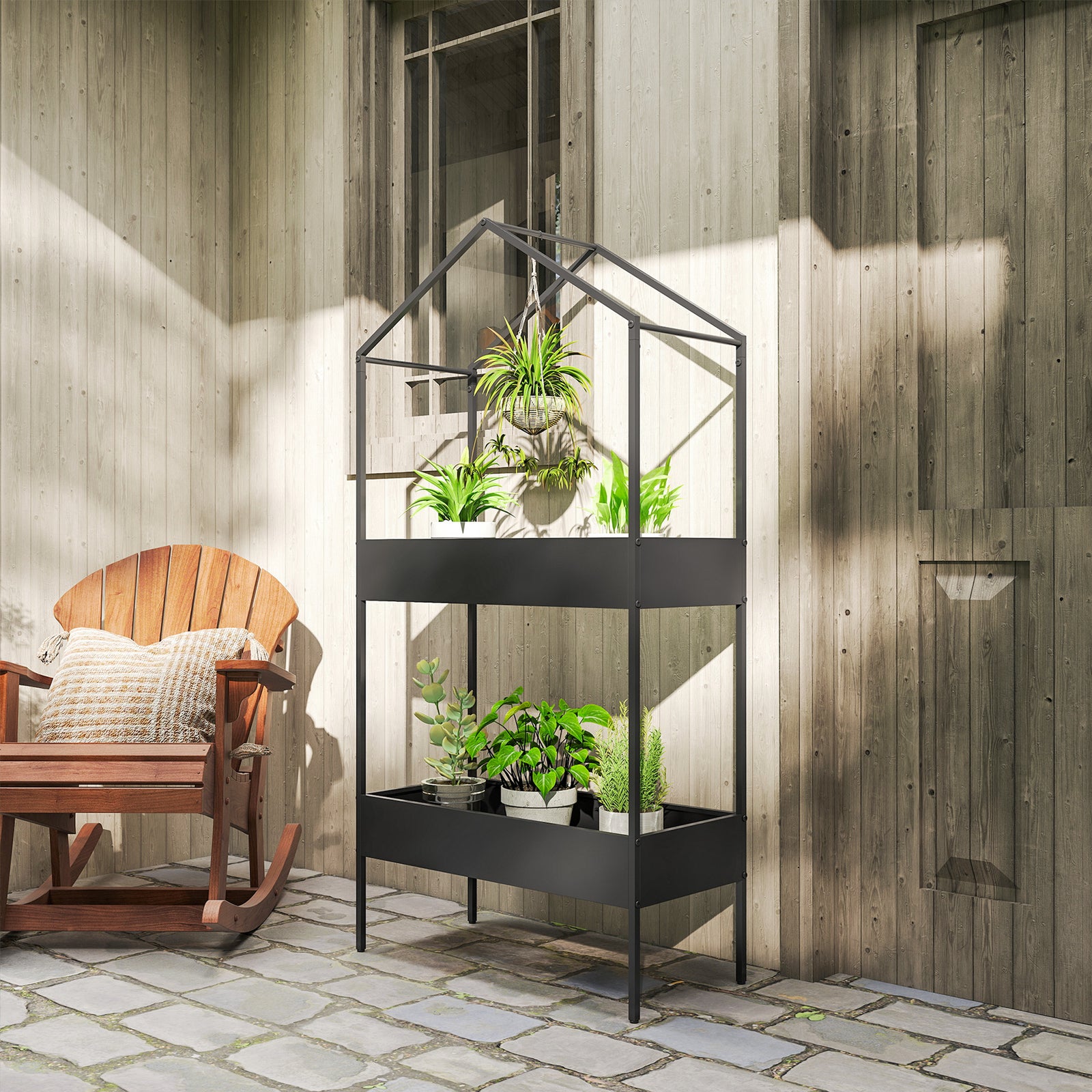 Outsunny 2 Tier Plant Stand, Outdoor Indoor Metal Plant Stand With Hook