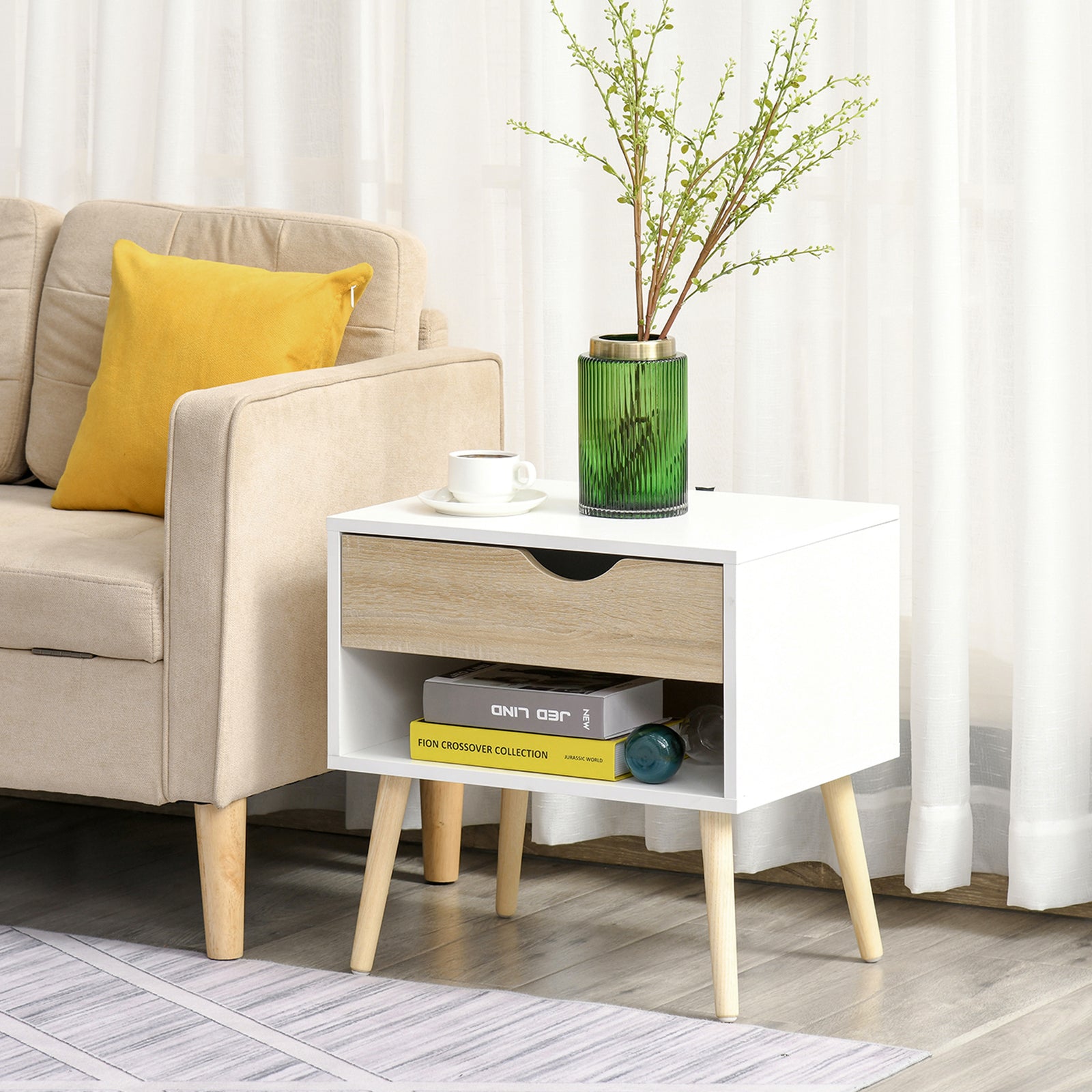 Set of 1/2 Bedside Table with Drawer & Shelf Nightstand | Set of 1 | White