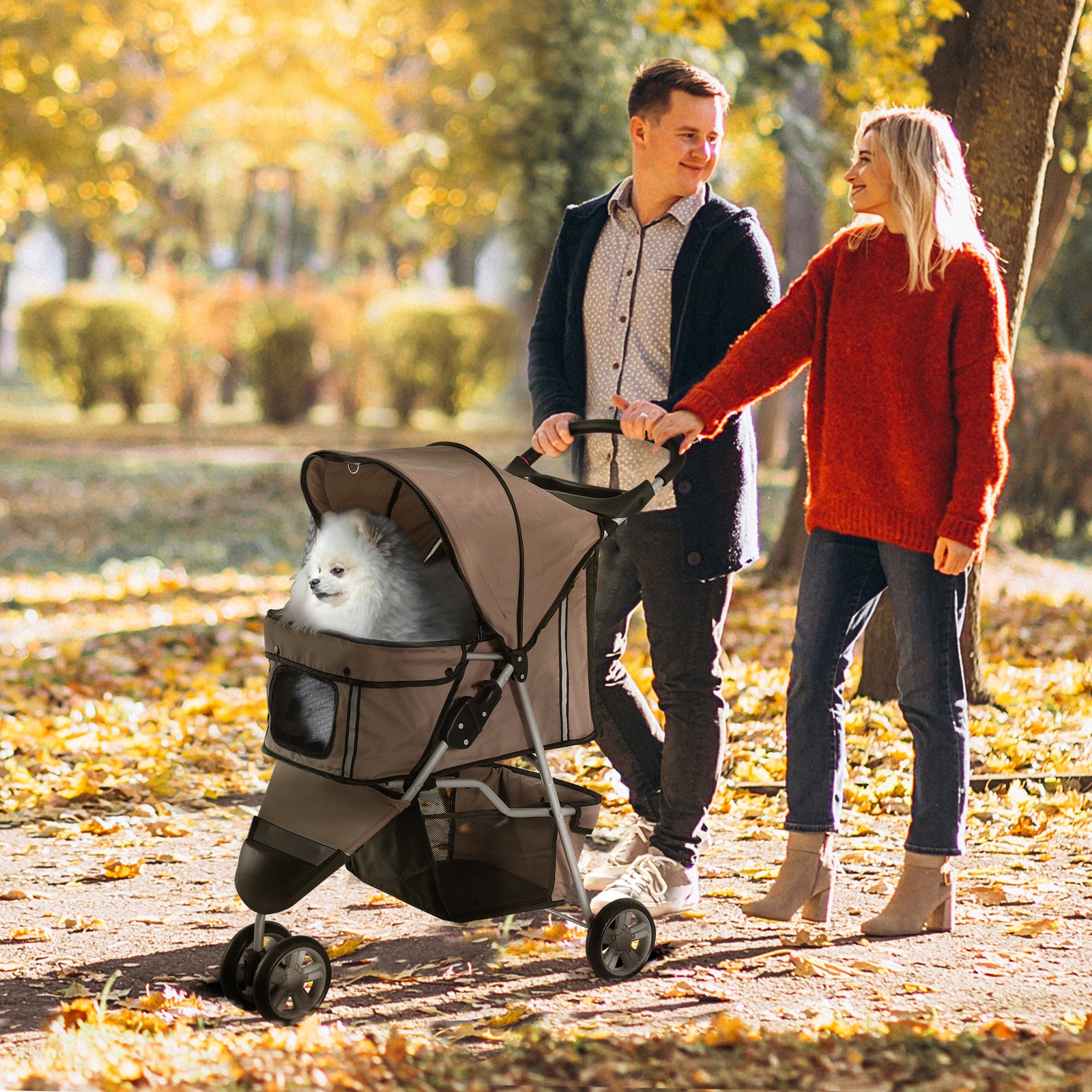 Pet Stroller Pushchair Carrier For Cat Puppy With 3 Wheels | Brown